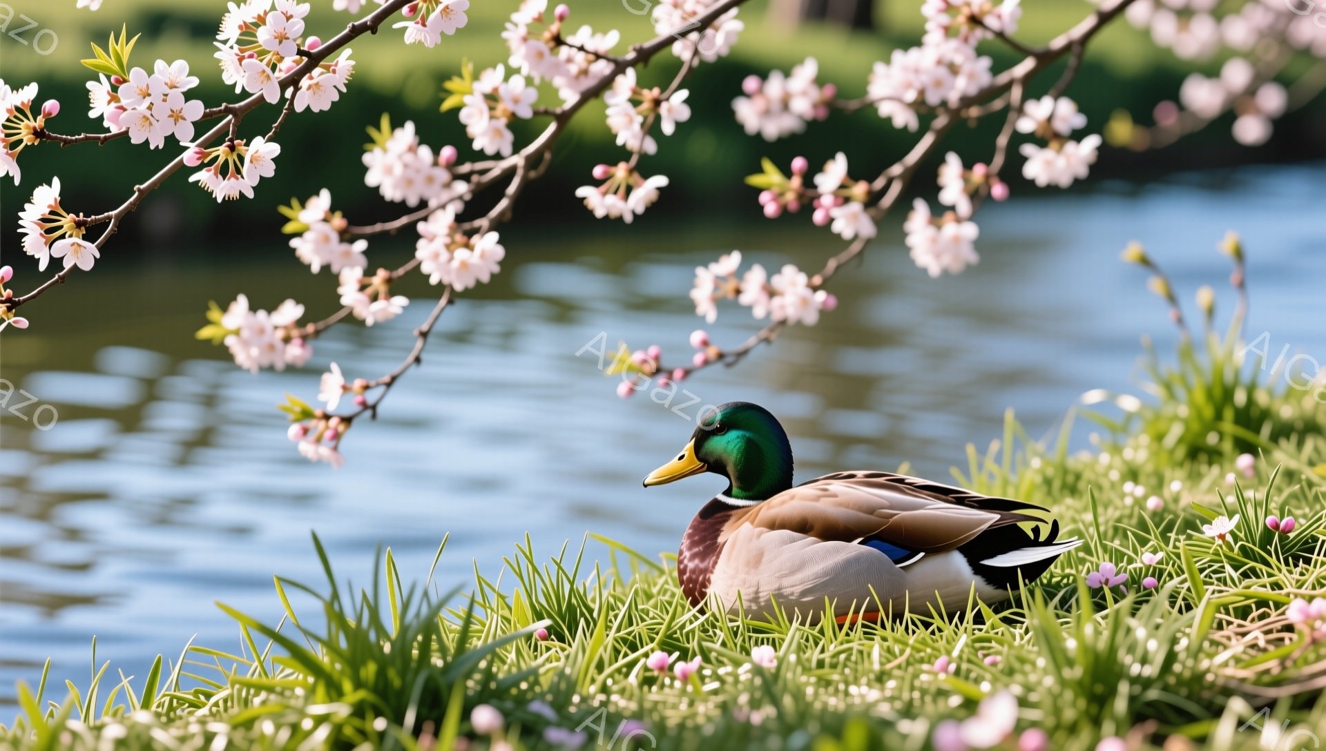 アヒルが緑の草むらの中で休息しています。背景には、桜の花が咲き誇り、水面が穏やかに広がっています。春の暖かな日差しが降り注ぎ、平和で穏やかな雰囲気が漂っています。 - AI生成フリー素材
