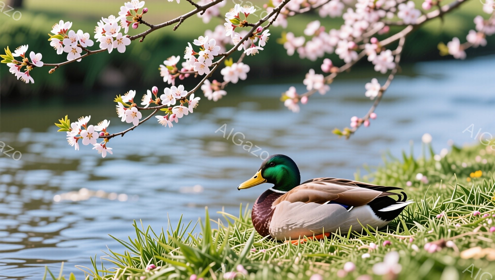 鴨が緑の草の上に座って休息しています。背景には桜の木があり、ピンク色の花びらが水面に散りばめられています。穏やかな春の風景で、自然の美しさが際立っています。 - AI生成フリー素材