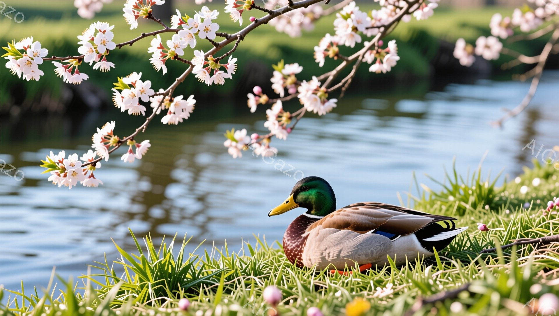 鮮やかな緑の草の上に一羽の雄鴨が横たわっており、その背景には桜の花が咲き誇る春の風景が広がっています。 鴨はリラックスした様子で、穏やかな水面がさらに春の暖かさを強調しています。 自然の美しさと静けさ - AI生成フリー素材