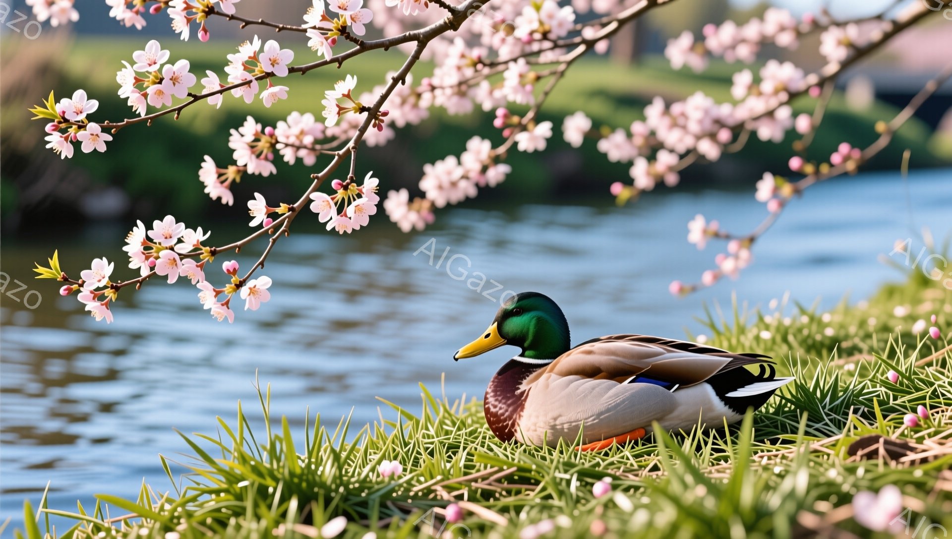 緑の草の上にアヒルが横たわっており、その背景には桜の枝が咲き誇っています。穏やかな水面が広がり、春の暖かさと安らぎを感じさせる光景です。鮮やかな色彩と優しい光が、リラックスした雰囲気を醸し出しています - AI生成フリー素材