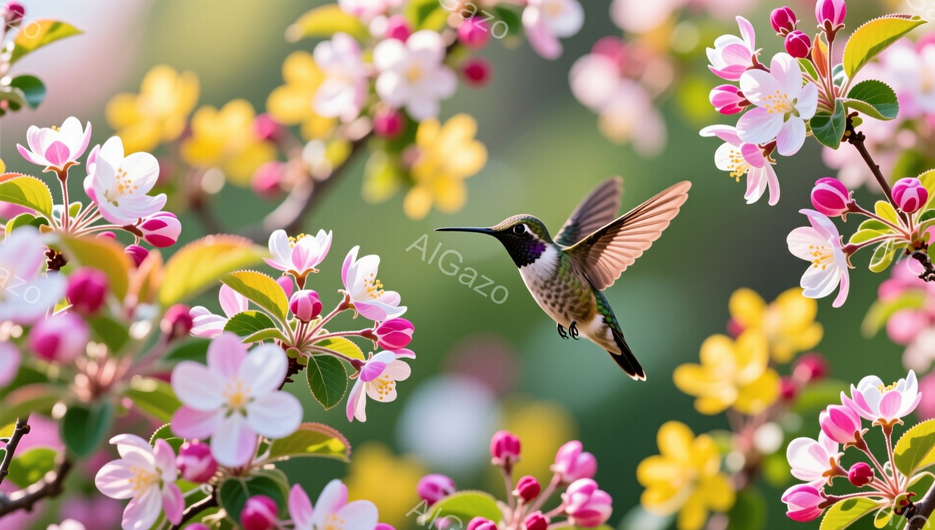 花盛りの木々の間で、ハチドリが蜜を求めて飛び回っている。ピンクと黄色の花々が背景を彩り、春の訪れを感じさせる鮮やかな光景だ。ハチドリの翼はブレており、その動きの速さを表現している。 - AI生成フリー素材