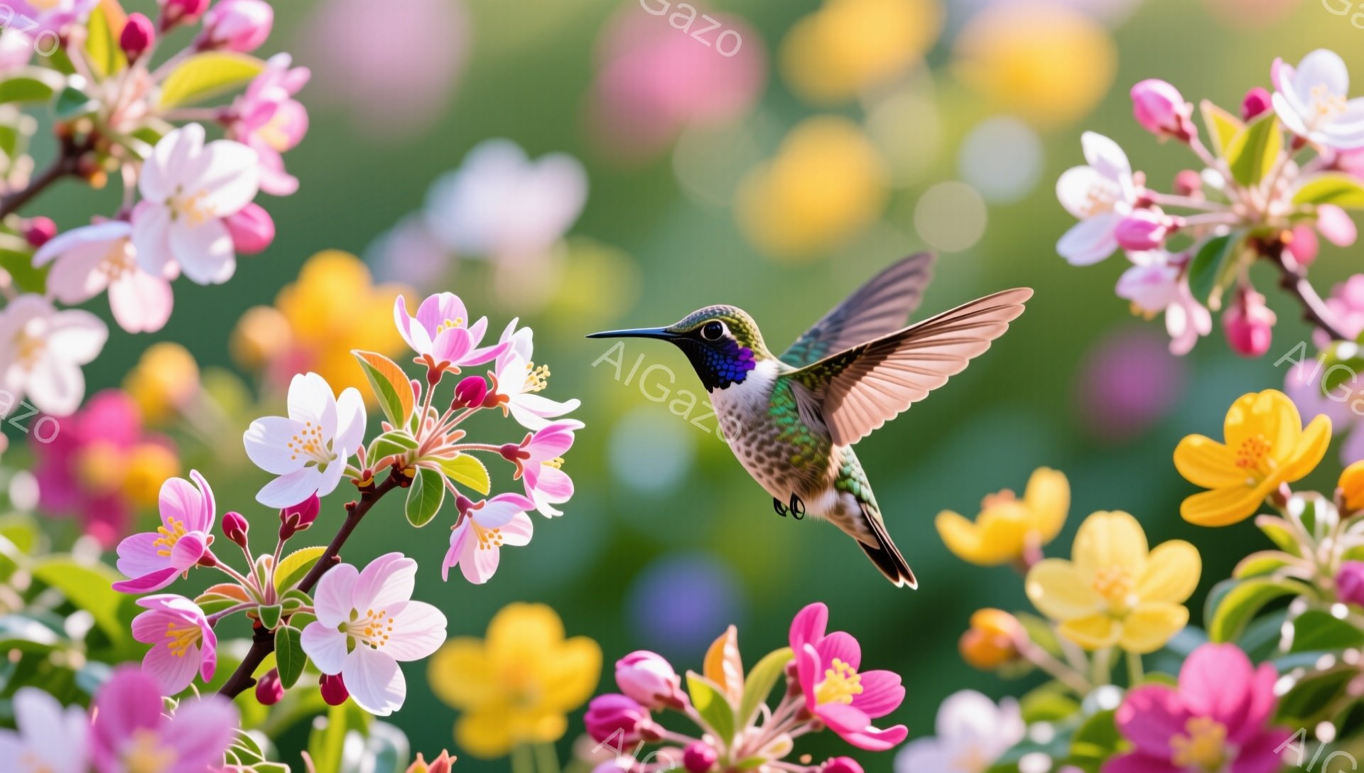色とりどりの花々の中で、緑と紫色のハチドリが蜜を求めて飛んでいる。背景はぼかされており、春の穏やかな雰囲気が漂っている。ハチドリの羽は動きが速く、鮮やかな色彩が印象的である。