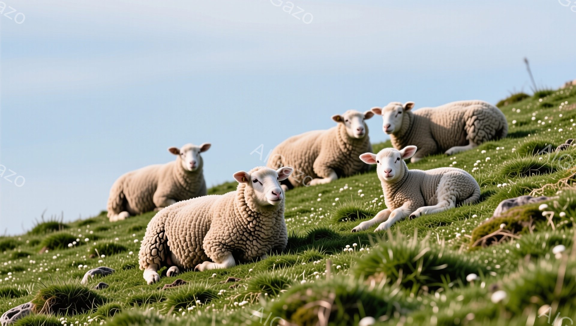 緑の丘に白い羊たちが横たわって休憩しています。穏やかな表情で、ゆったりとした時間が流れているようです。背景には青空が広がり、のどかな田園風景が広がっています。 - AI生成フリー素材