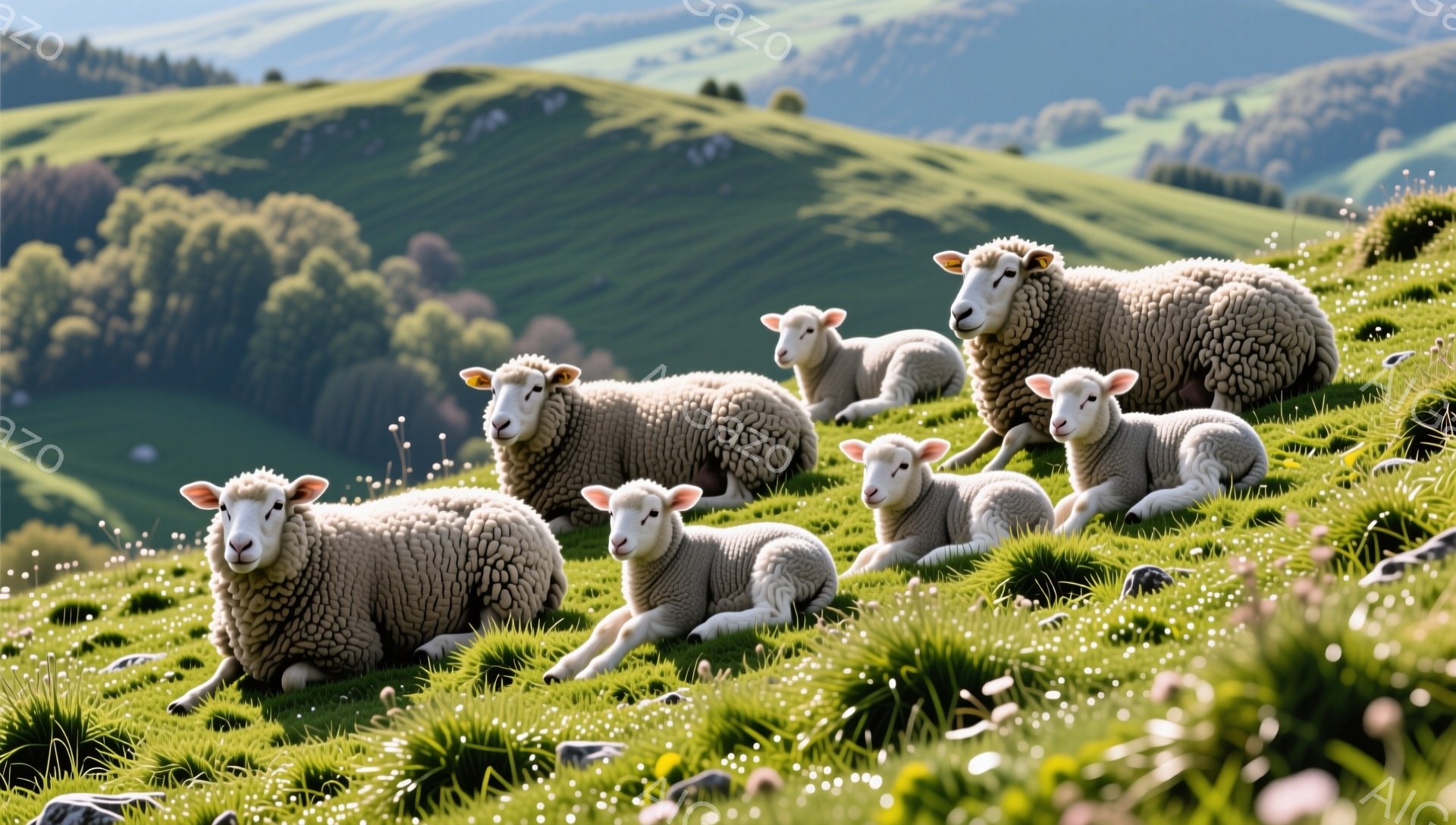緑豊かな丘にヒツジが横になってくつろいでいる。白い毛並みが鮮やかで、背景には緑の木々と穏やかな風景が広がり、平和な雰囲気が漂っている。ヒツジたちは皆、こちらを見ており、のどかな田園風景が目に浮かぶ。