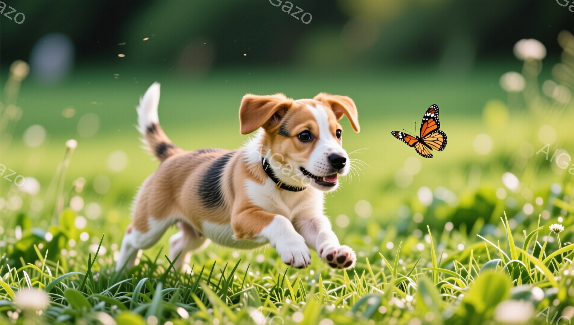 鮮やかな緑の草の上を、小さな子犬が嬉しそうに駆けている。鮮やかなオレンジ色の蝶が子犬の周りを舞い、楽しげな雰囲気を醸し出している。背景にはぼやけた緑があり、子犬の可愛らしさを際立たせている。 - AI生成フリー素材