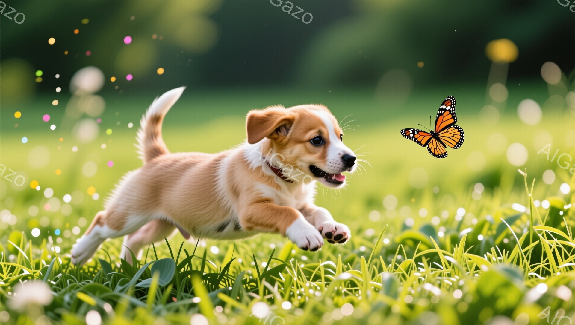 広々とした緑の草原を、茶色の毛並みの小さな子犬が駆けている。子犬は嬉しそうに口を開け、まるで蝶を追いかけているようだ。背景にはぼんやりとした光の粒子が舞い、温かく幸せな雰囲気を醸し出している。