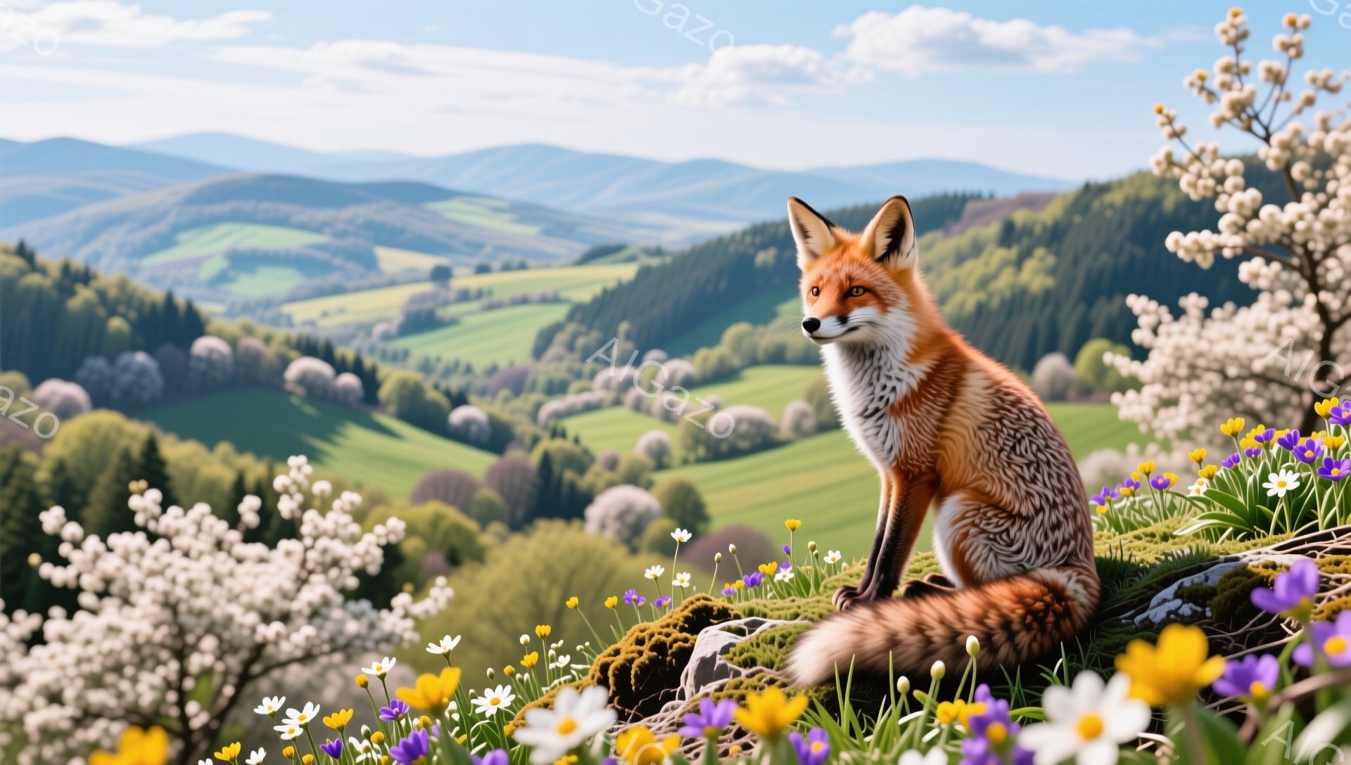 鮮やかな緑の丘に、毛並みの美しいキツネが座っている。背景には、遠くの山々と咲き乱れる花々が広がり、穏やかで平和な雰囲気を醸し出している。光が柔らかく差し込み、春の暖かさを感じさせる。 - AI生成フリー素材