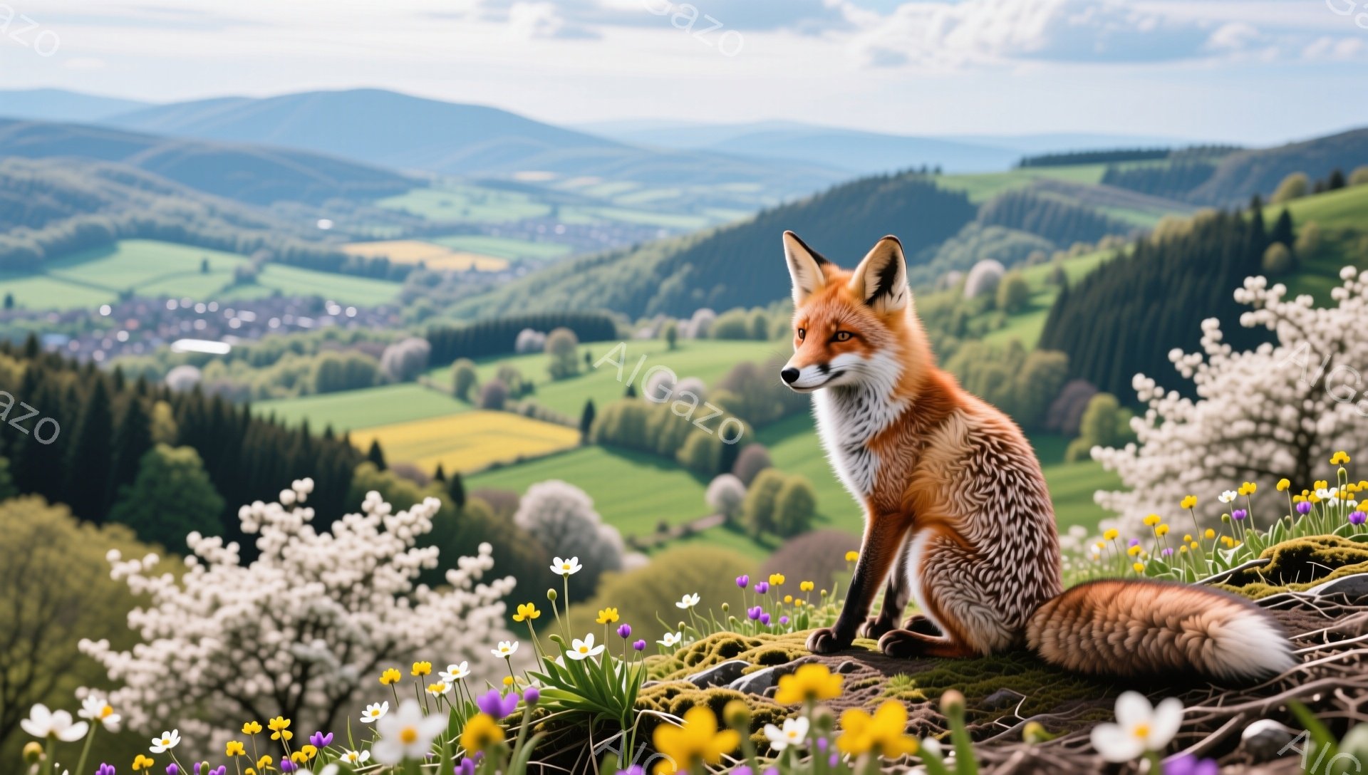 鮮やかなオレンジ色のキツネが、白い花と紫色の花が咲き乱れる丘の上に座っています。背景には緑豊かな風景が広がり、遠くには山々が見えます。穏やかで平和な雰囲気の自然豊かな光景です。 - AI生成フリー素材