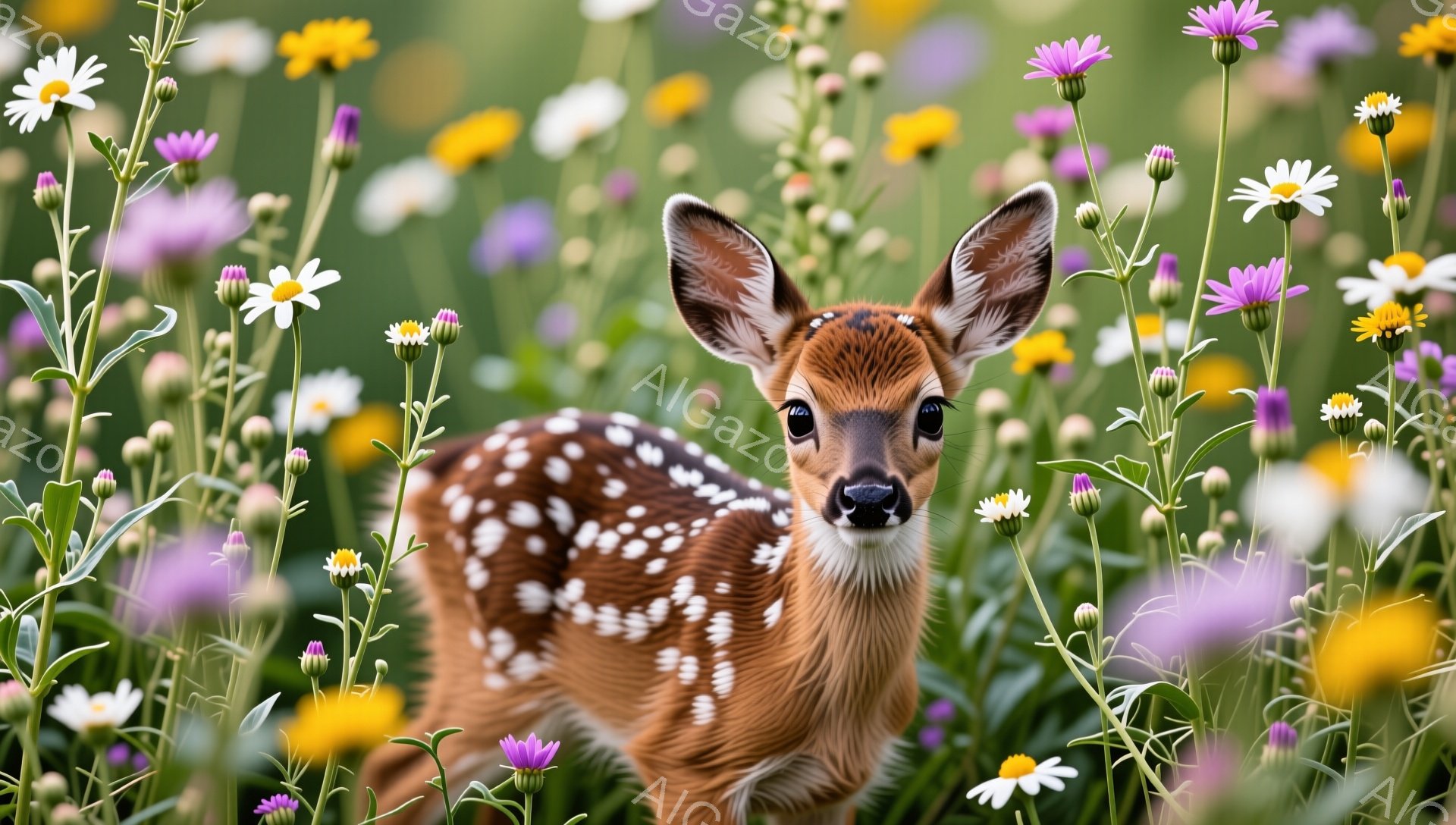 緑豊かな草地の間に、小さなシカの子供が可愛らしく佇んでいます。白い斑点模様が特徴的で、好奇心旺盛な表情でこちらを見ています。周りには色とりどりの野花が咲き乱れ、春の穏やかな雰囲気を醸し出しています。 - AI生成フリー素材