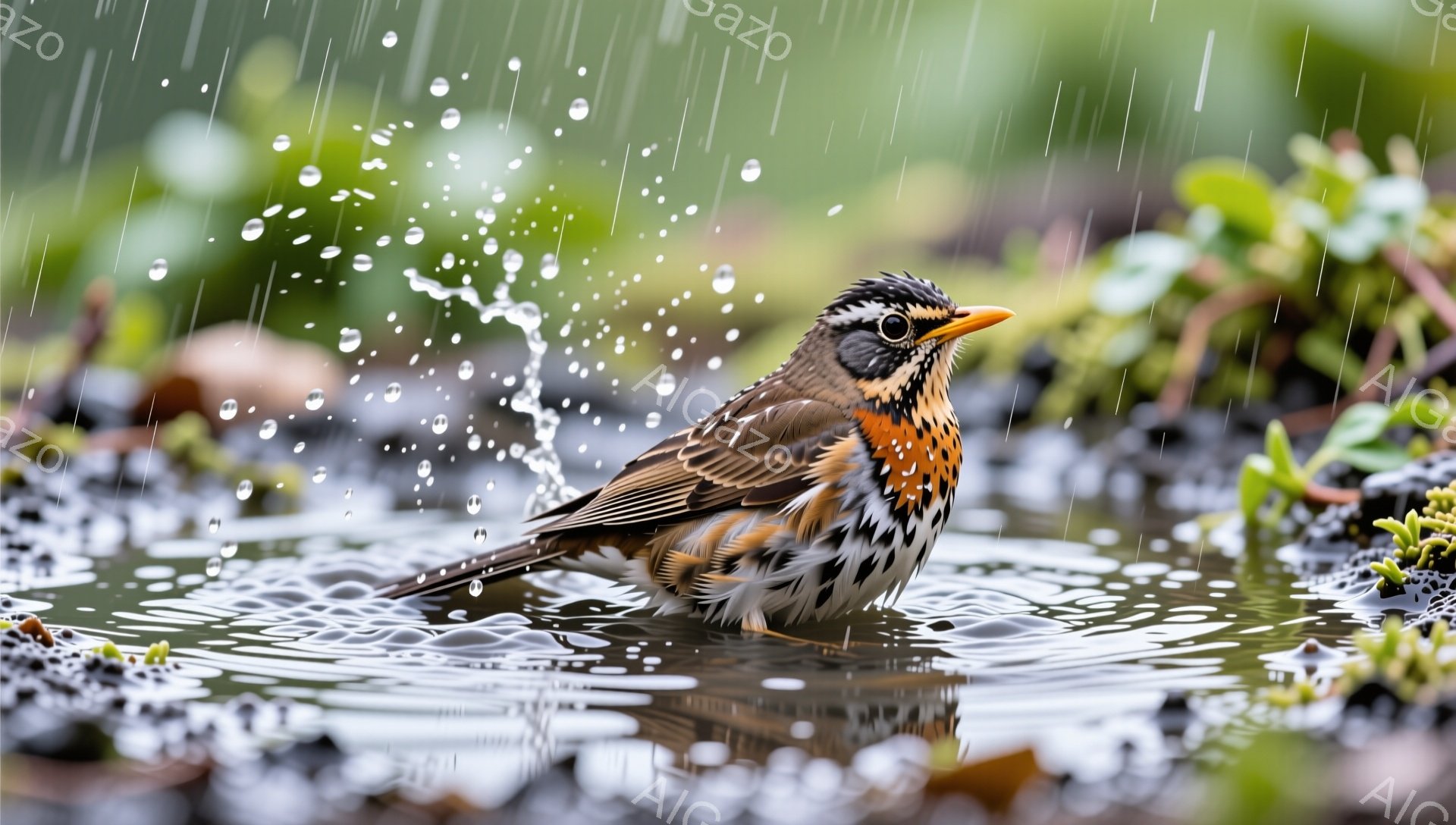 雨の中、水しぶきを上げながら水たまりで水浴びをする鳥が写っています。背景には緑の植物と雨粒が降り注ぎ、自然の活気を感じさせます。鳥の鮮やかな色彩と雨のコントラストが印象的です。