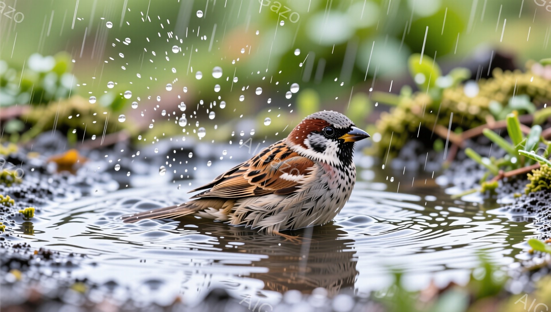 雨の日に、スズメが水たまりの中で水浴びをしている。緑の草や植物に囲まれ、雨粒が降り注ぎ、リフレッシュした雰囲気が漂っている。水面にはスズメの姿が映り込み、水しぶきが飛び散る様子が捉えられている。