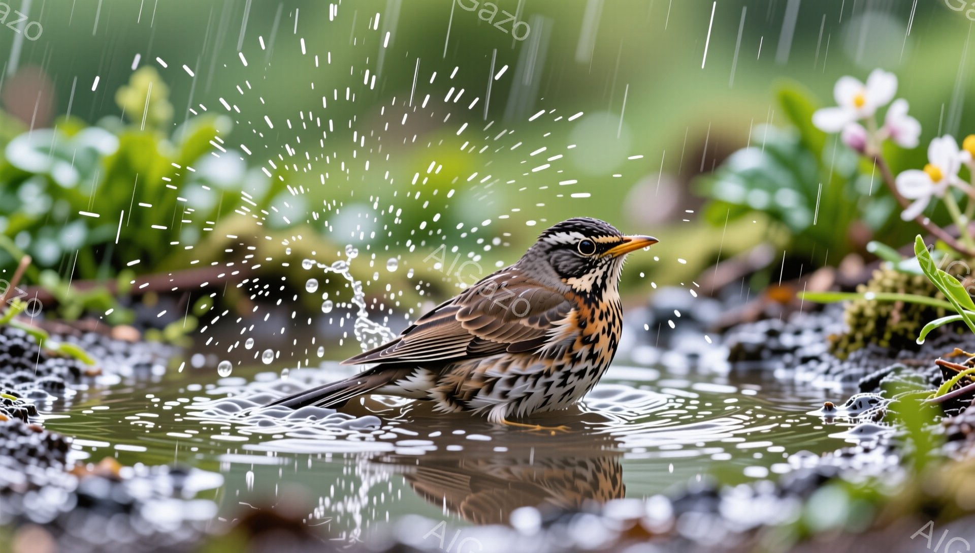 雨の中、鳥が水たまりの中で水浴びをしている様子が捉えられています。水しぶきが飛び散り、生き生きとした瞬間を表現しています。背景には緑豊かな植物があり、雨の日の自然の美しさを際立たせています。 - AI生成フリー素材