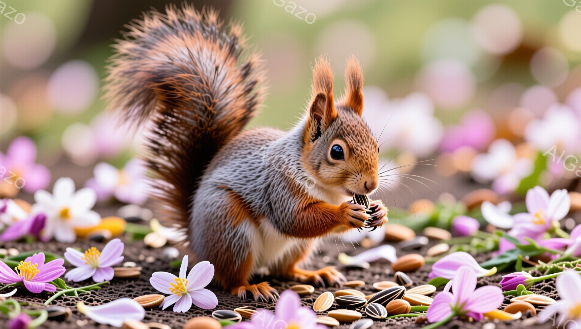 リスが種子を手に持ち、美味しそうに食べている姿が捉えられています。周囲には紫色の花が咲き乱れ、春の暖かさを感じさせる背景です。リスの毛並みは美しく、生き生きとした様子が伝わってきます。 - AI生成フリー素材