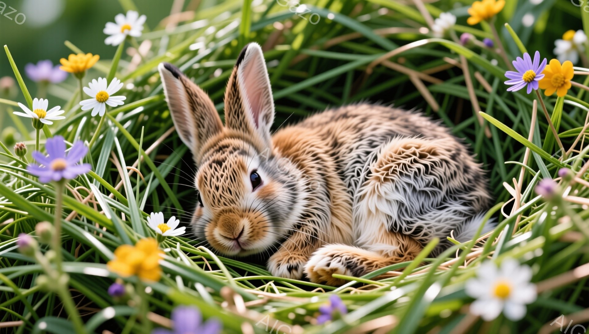 緑の草むらの中に、かわいらしい子ウサギが丸まって眠っています。周りには紫や黄色の小さな花が咲き乱れ、穏やかで平和な雰囲気が漂っています。ウサギの毛並みは柔らかそうで、春の暖かさを感じさせます。 - AI生成フリー素材