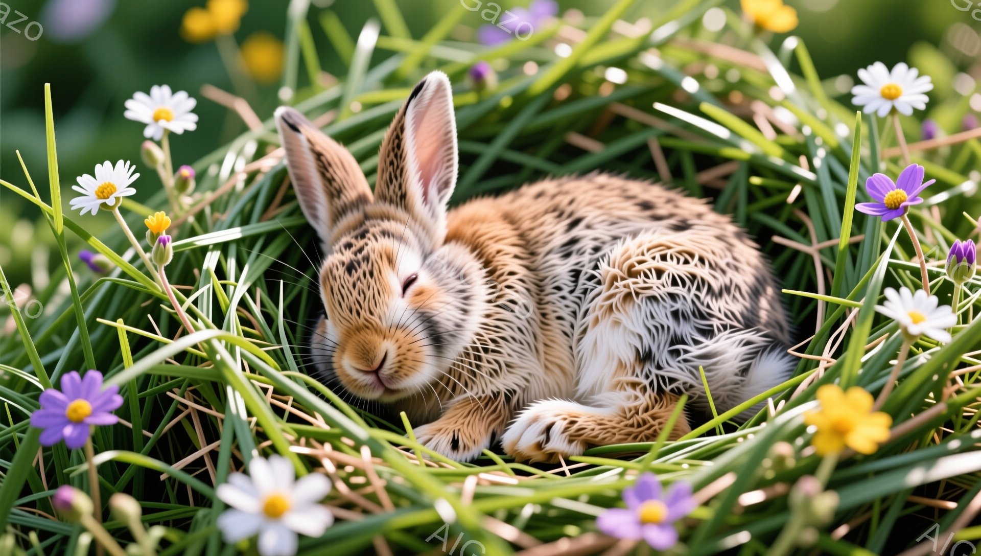 緑の草むらの中で、小さなウサギが丸くなって眠っています。周囲には、白や紫の小さな花々が咲き乱れ、穏やかな春の雰囲気を醸し出しています。ウサギの毛並みは美しく、リラックスした様子が伝わってきます。
