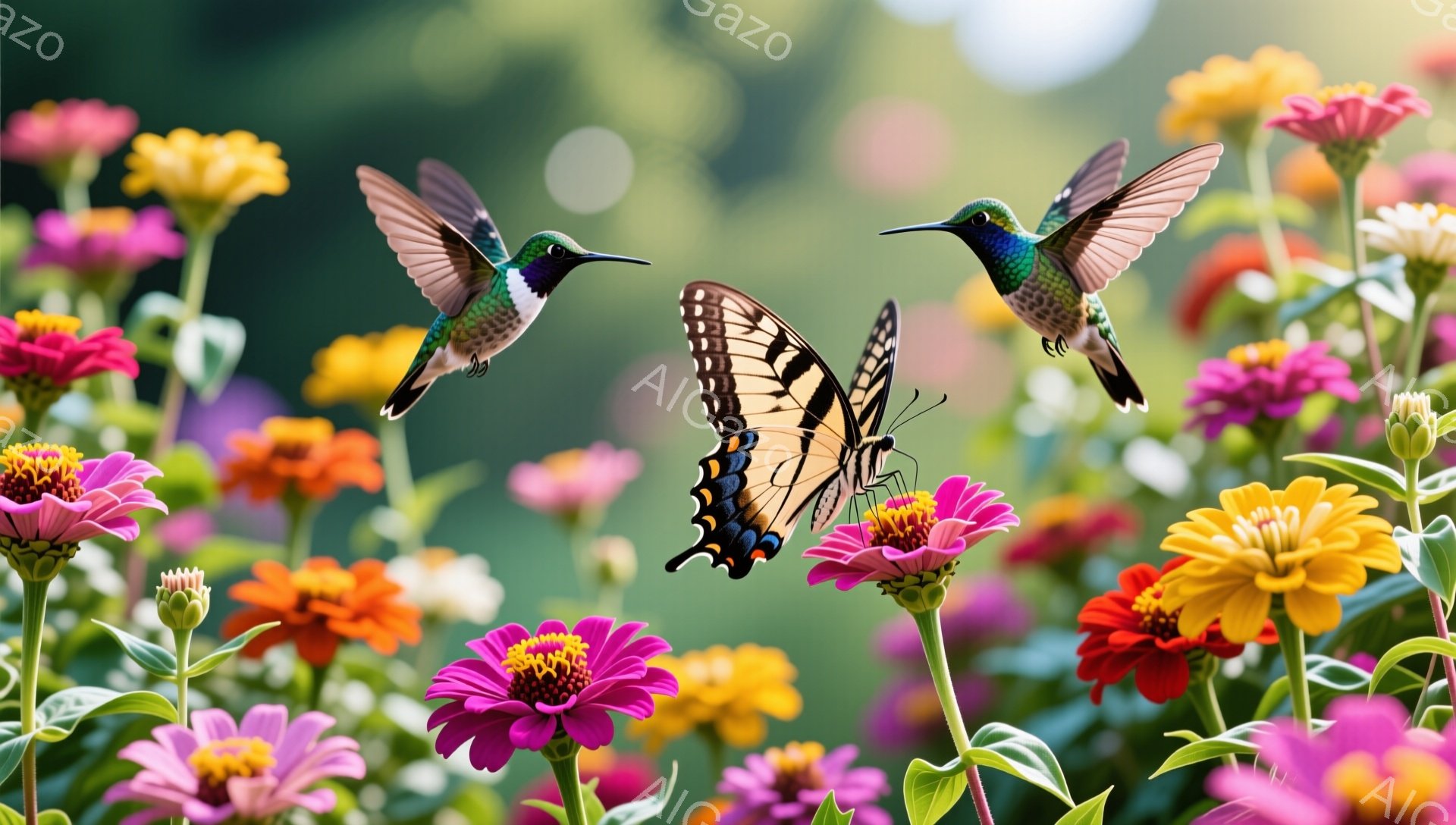 色とりどりの花々が咲き乱れる庭で、2羽のハチドリと1匹の蝶が舞っている。ハチドリは翼を羽ばたかせ、蝶は優雅に飛び回る様子が捉えられ、明るく華やかな雰囲気を醸し出している。背景は緑豊かで、自然の美しさが - AI生成フリー素材