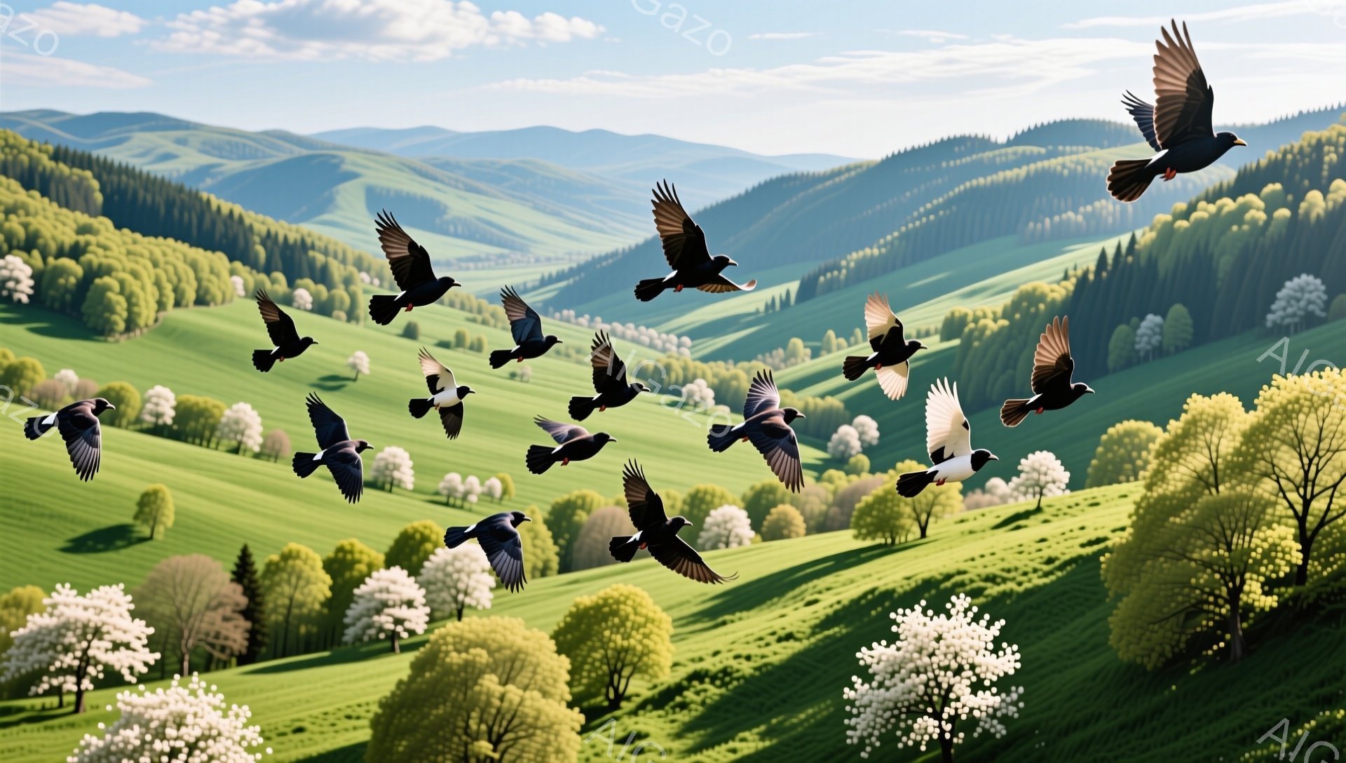 緑豊かな丘陵地帯を、群れをなした鳥たちが飛び交っている。白い花が咲き乱れる木々と、遠くに見える緑の山々が、春の穏やかな風景を表現している。明るい光が全体を照らし、希望に満ちた雰囲気が感じられる。