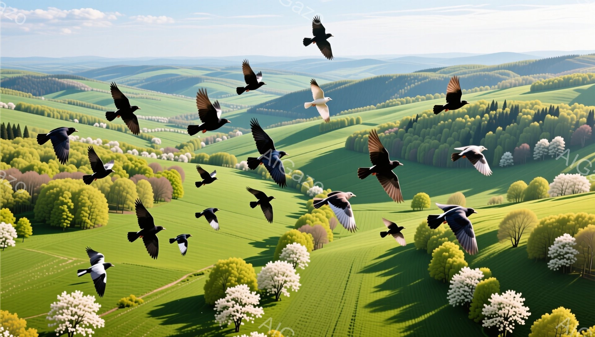 鮮やかな緑の丘陵地帯を、多くの黒い鳥と白い鳥が舞っている。木々は新緑に覆われ、一部の木には白い花が咲き誇り、穏やかで平和な春の風景を描いている。遠くには霞んだ山々が広がり、空は明るく晴れやかである。 - AI生成フリー素材