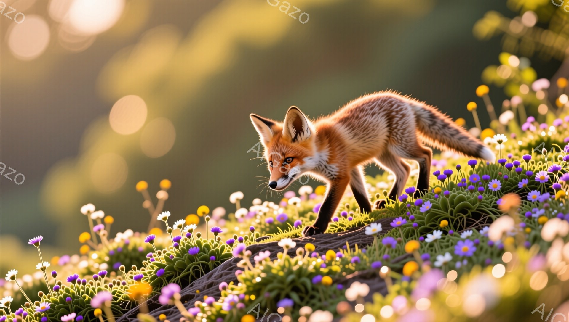 明るい日差しの下、草花が咲き乱れる丘の上を、小さなキツネが歩いている。キツネはオレンジ色の毛並みで、鋭い眼差しで何かを探しているようだ。背景は緑豊かで、暖かく穏やかな雰囲気が漂っている。 - AI生成フリー素材