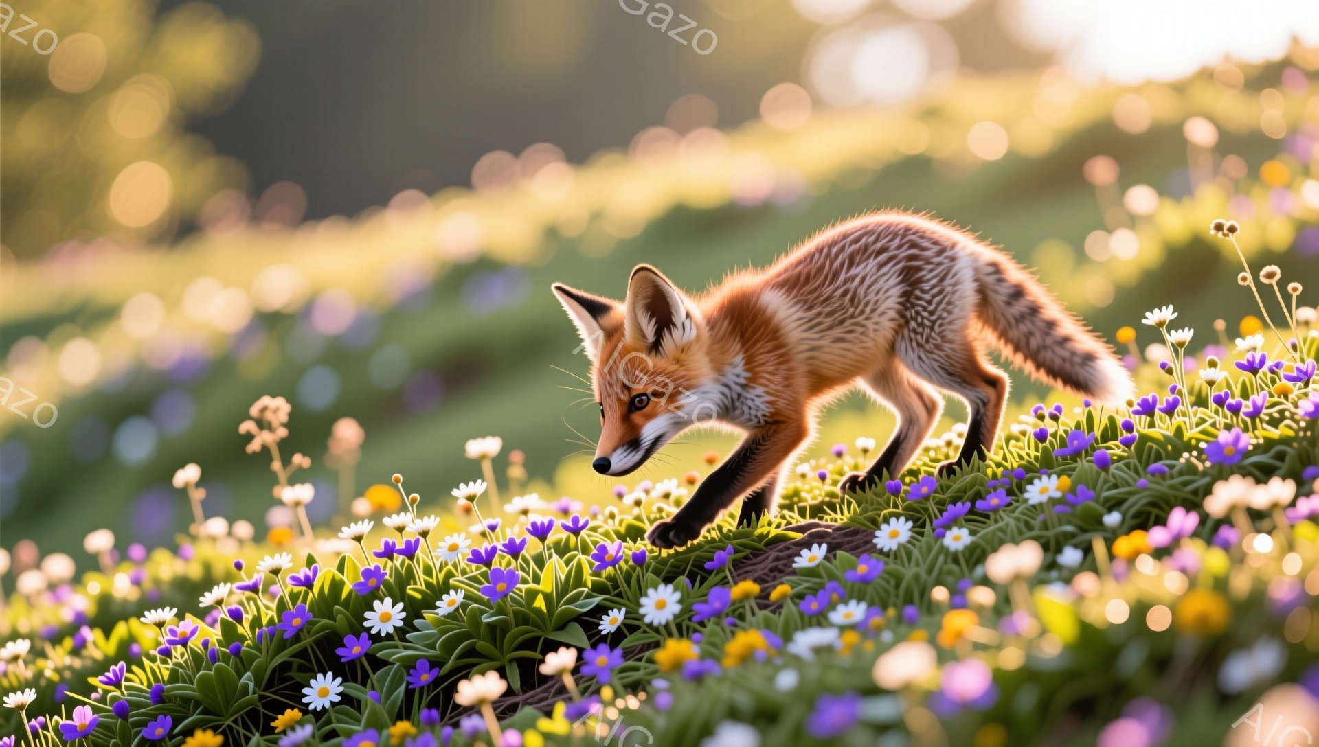 鮮やかな野原を、一匹のキツネが歩いている。太陽の光がキツネの毛並みを照らし、草花が咲き乱れる美しい光景が広がっている。平和で穏やかな雰囲気が感じられる。 - AI生成フリー素材