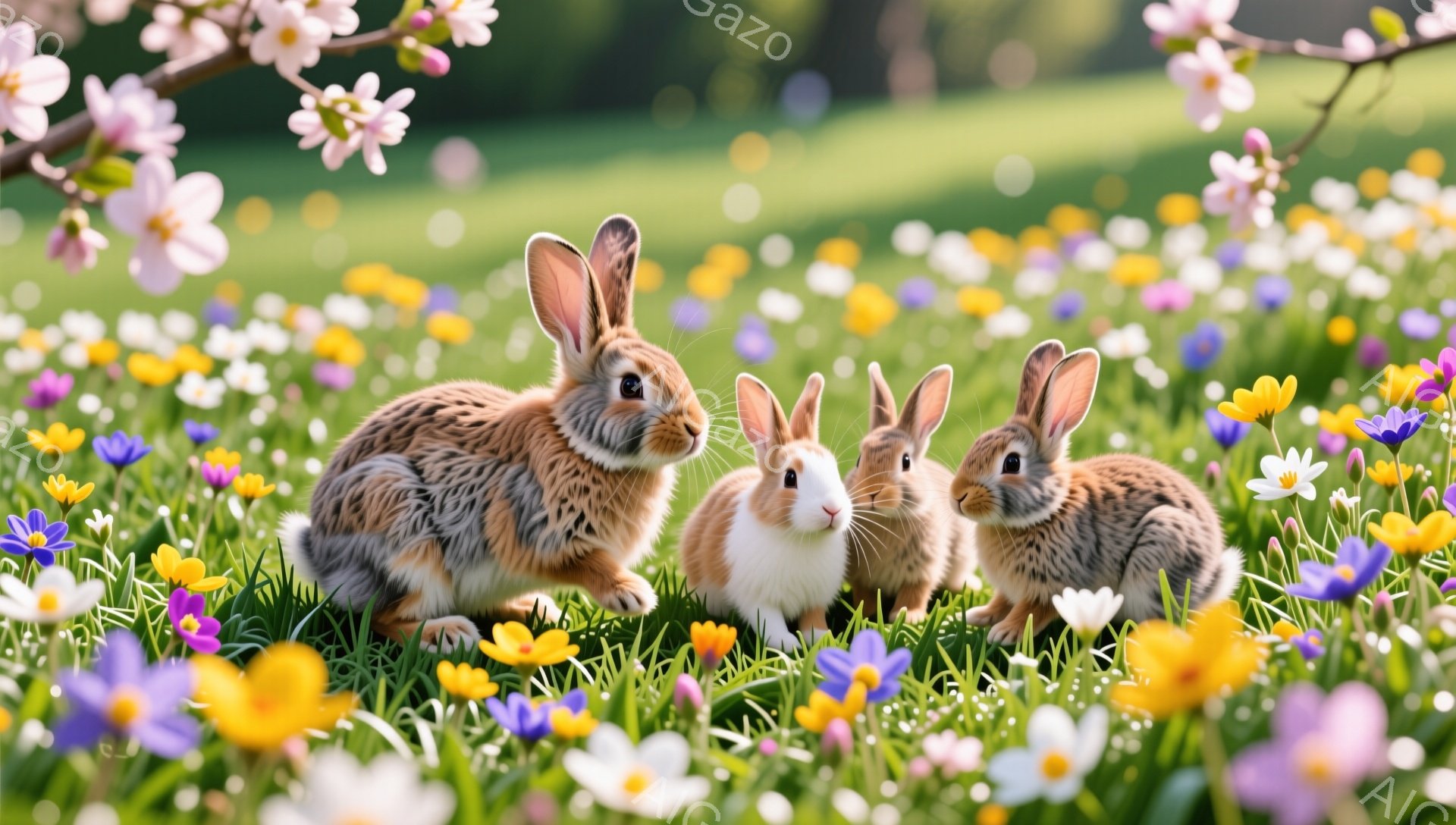 色とりどりの花が咲き乱れる草原に、３匹のうさぎが寄り添って座っています。一番手前のうさぎは茶色と白のまだら模様で、他の二匹はそれぞれ白と茶色の毛並みです。春の暖かな日差しが差し込み、穏やかで可愛らしい雰囲気の風景です。