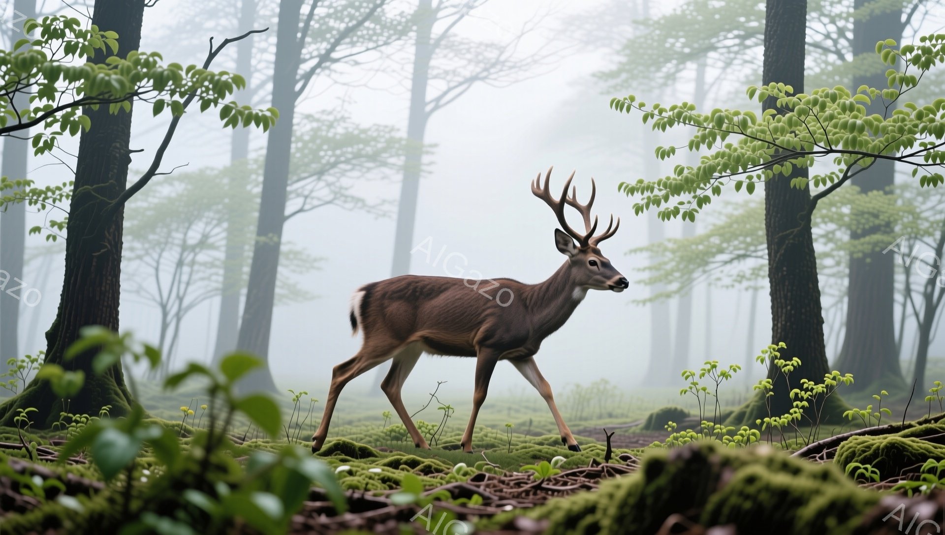 霧深い森の中で、雄鹿が静かに歩いている。緑豊かな下草と苔むした木々が、神秘的な雰囲気を醸し出している。鹿の毛並みは艶やかで、凛とした姿が印象的だ。