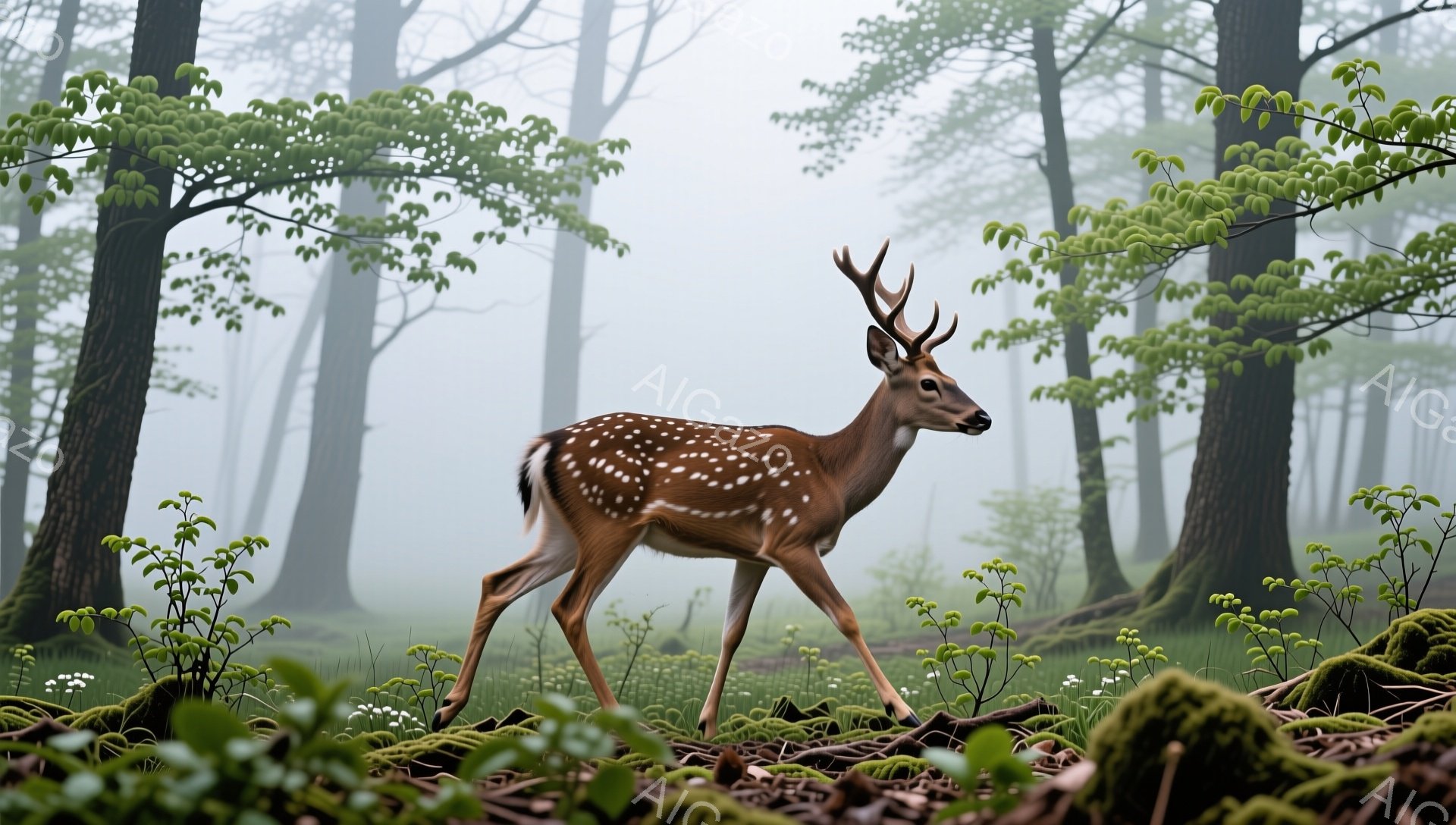 湿った森の中で、若い雄鹿が悠々と歩いている。周囲には緑豊かな植物が生い茂り、霧が立ち込めて幻想的な雰囲気を醸し出している。鹿の毛並みは美しく、生き生きとした姿が印象的だ。