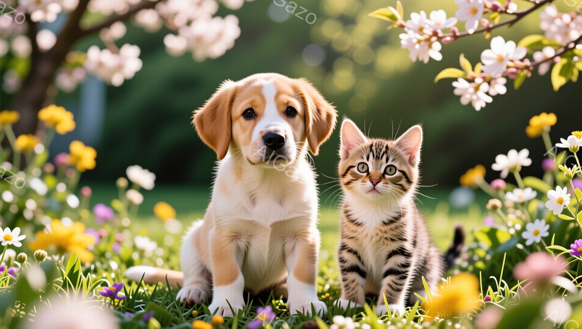 春の野原で、子犬と子猫が寄り添って座っています。周りには色とりどりの花が咲き乱れ、春の暖かさと生命力を感じさせます。二匹とも好奇心旺盛な表情で、カメラを見つめています。 - AI生成フリー素材