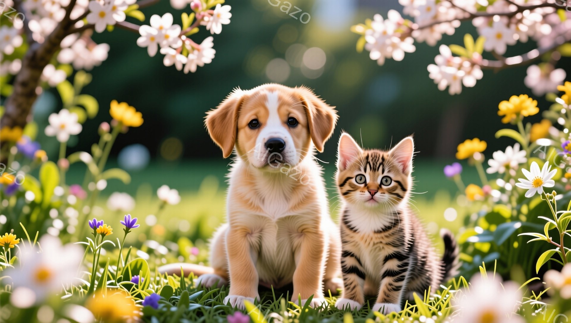 黄金色の毛並みを持つ子犬と縞模様の猫が、緑豊かな草むらの中に並んで座っています。背景には白い花が咲き乱れ、春の穏やかな日差しが降り注いでいます。二匹は向かい合わず、それぞれ前方を向いており、可愛らしい - AI生成フリー素材