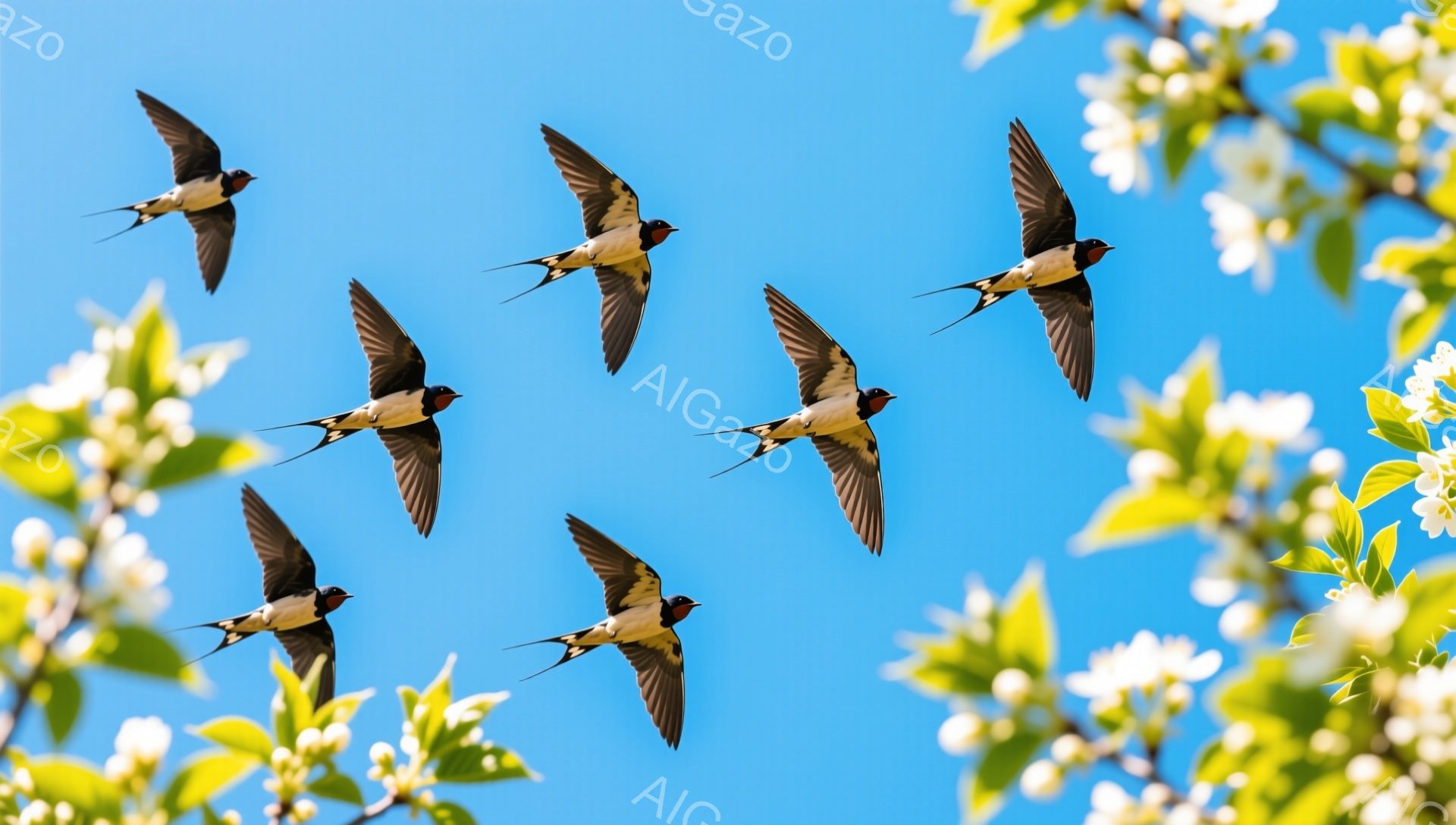 青空をツバメが群れで飛び交っています。桜の花びらが舞い、春の暖かく穏やかな雰囲気が漂っています。鮮やかな色彩と美しい構図が印象的です。 - AI生成フリー素材