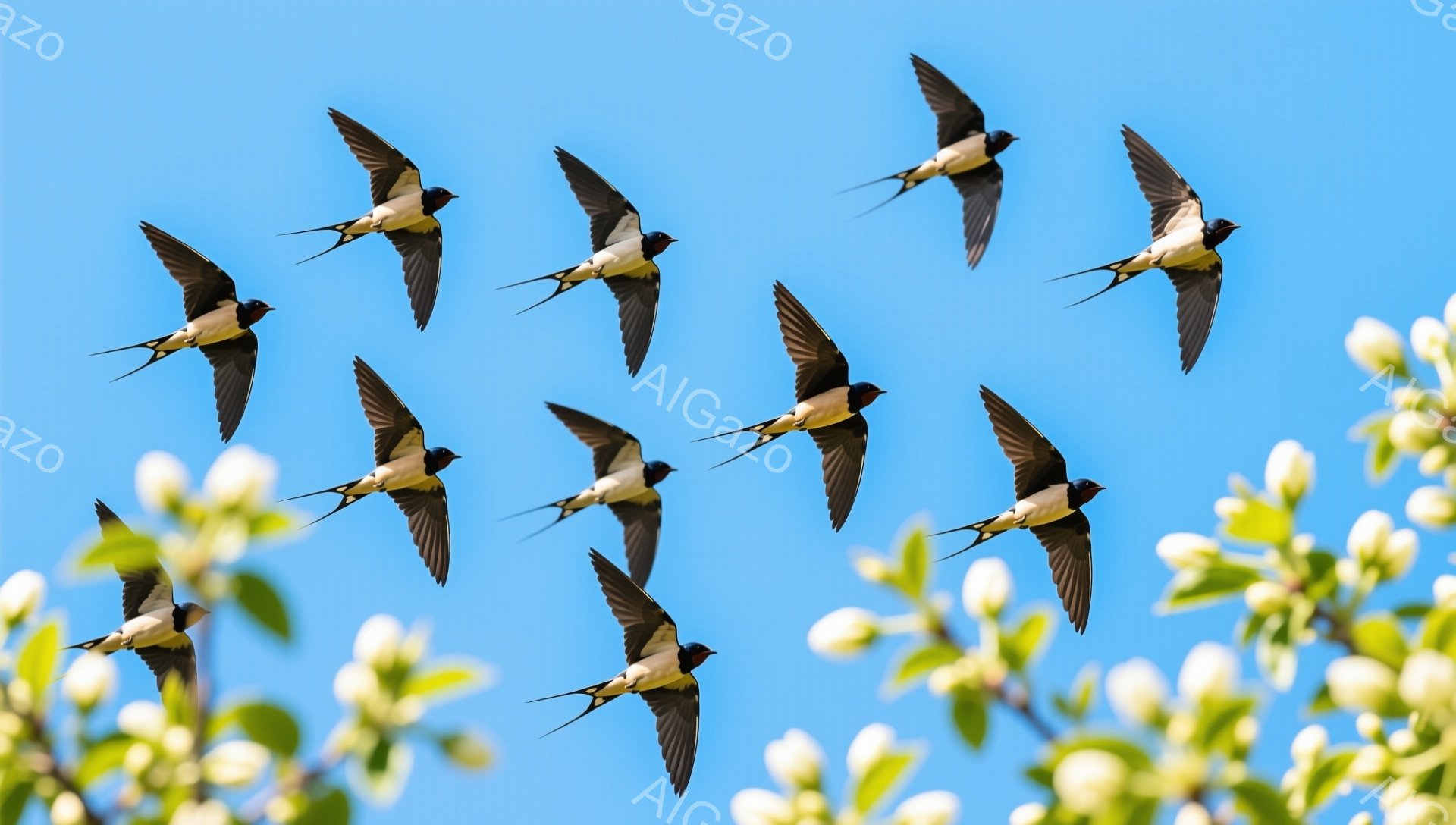 青空を背景にツバメたちが飛び交っている様子が捉えられています。白く小さな花が咲き誇る木の枝が画面下部に配置され、春の暖かさを感じさせます。ツバメの滑らかな飛行と明るい空が、希望に満ちた雰囲気を醸し出し - AI生成フリー素材