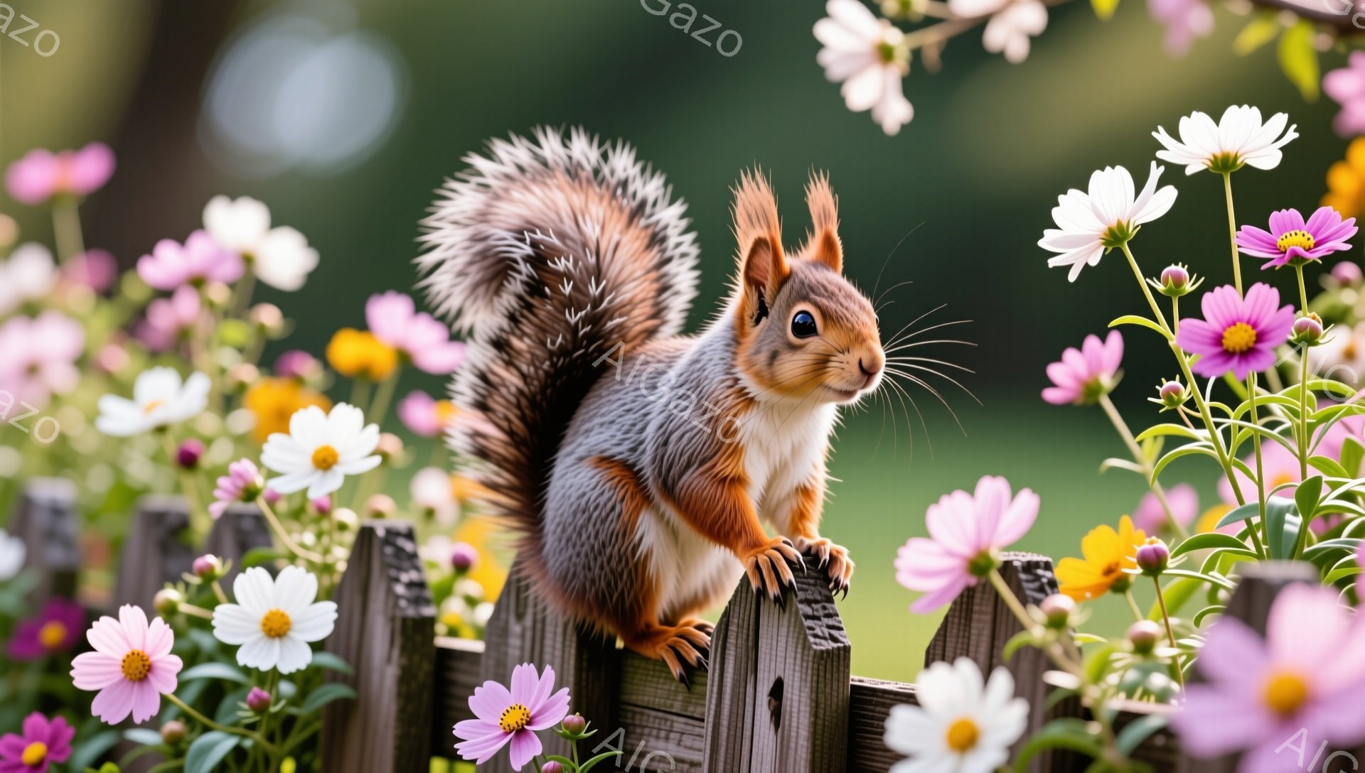 リスが古い木の柵に座ってこちらを見ています。周りにはピンクや白、黄色の花が咲き乱れており、緑豊かな背景が広がっています。暖かく穏やかな雰囲気で、自然の中でリラックスした瞬間が捉えられています。 - AI生成フリー素材