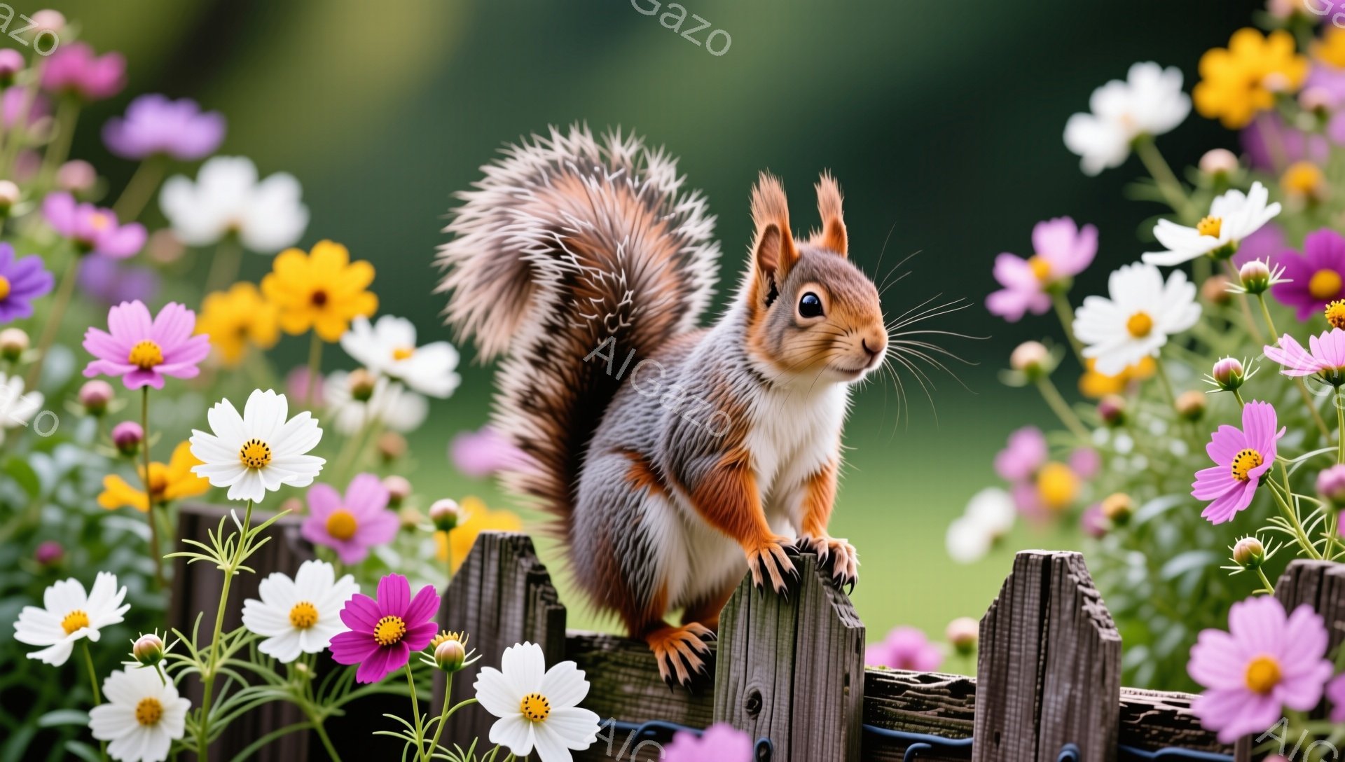 リスがフェンスの上に座ってこちらを見ています。周囲にはピンクや白、黄色の花々が咲き乱れ、春の陽気な雰囲気を伝えています。毛並みは美しく、秋の訪れを感じさせる色合いです。