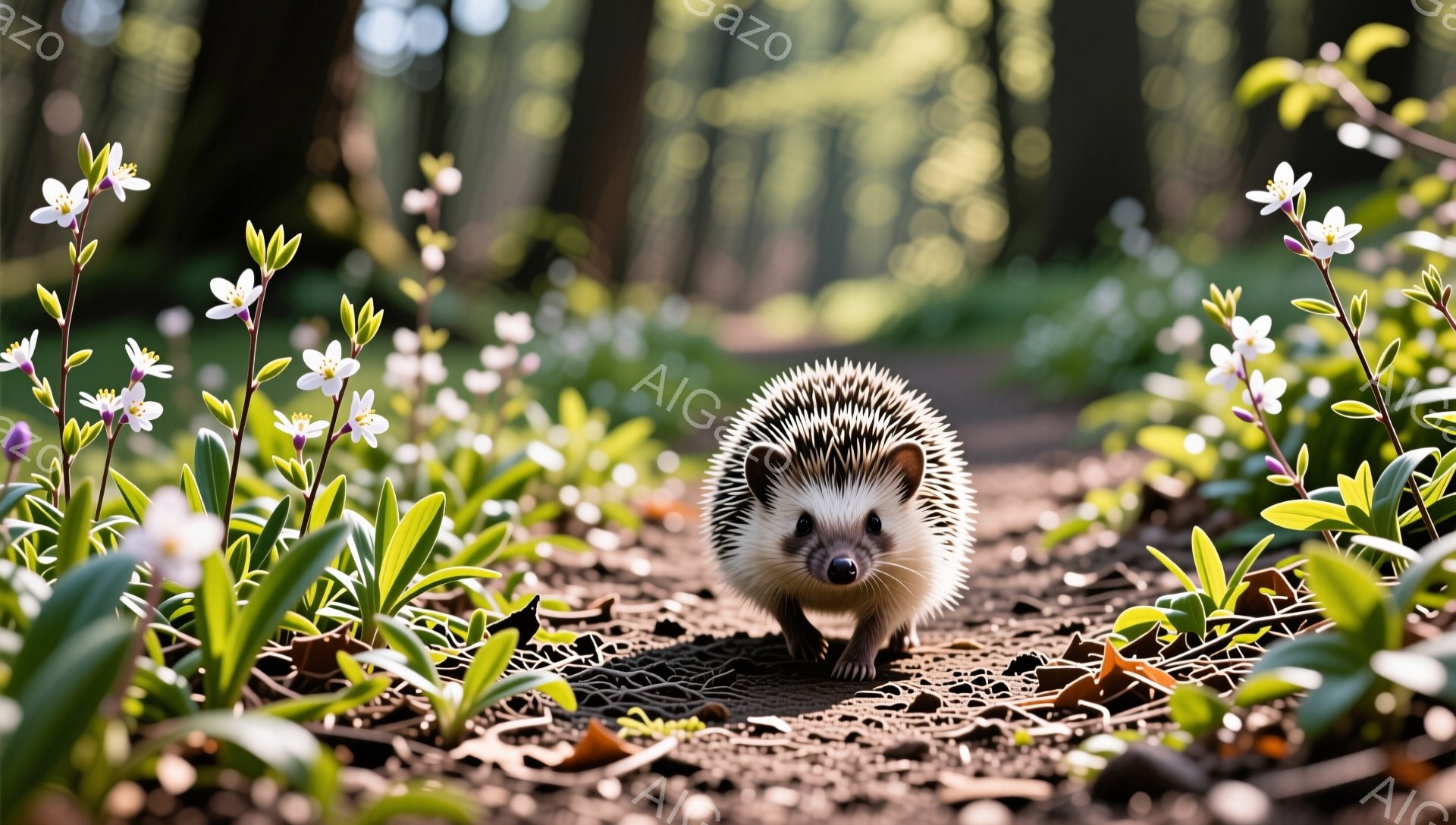 森の小道に可愛らしいハリネズミが歩いています。周囲には白い花が咲き乱れ、春らしい穏やかな雰囲気が漂っています。日差しが暖かく、小動物が安心して遊べるような光景です。 - AI生成フリー素材
