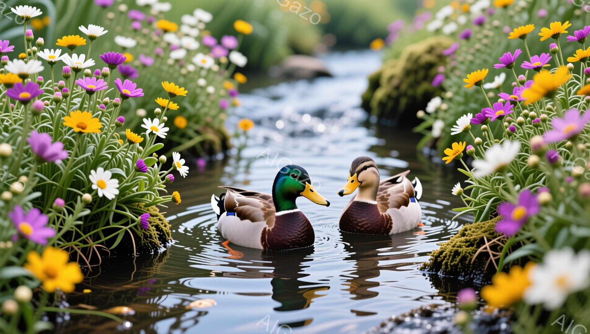アヒルが二羽、水路で泳いでいる。鮮やかな紫、白、黄色の花が水路の両岸に咲き乱れ、緑豊かな自然の中にいる様子が伝わってくる。水面に映るアヒルと花の反射が美しく、穏やかな雰囲気を醸し出している。 - AI生成フリー素材