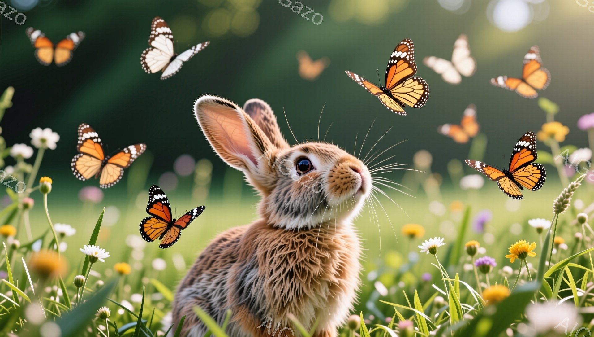 緑豊かな草地のなかで、かわいらしい茶色のウサギが空を見上げています。周りには色とりどりの蝶が舞い、春らしい穏やかな雰囲気が漂っています。ウサギの大きな耳とつぶらな瞳が印象的です。 - AI生成フリー素材