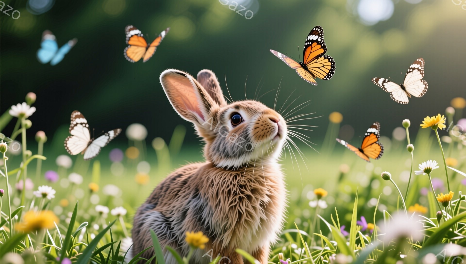 緑豊かな草花の間に座る、茶色の毛並みの可愛らしいウサギが描かれています。ウサギは上を見上げており、周囲を舞う色とりどりの蝶を追いかけているようです。明るい光と花々が、穏やかで優しい雰囲気を醸し出してい - AI生成フリー素材