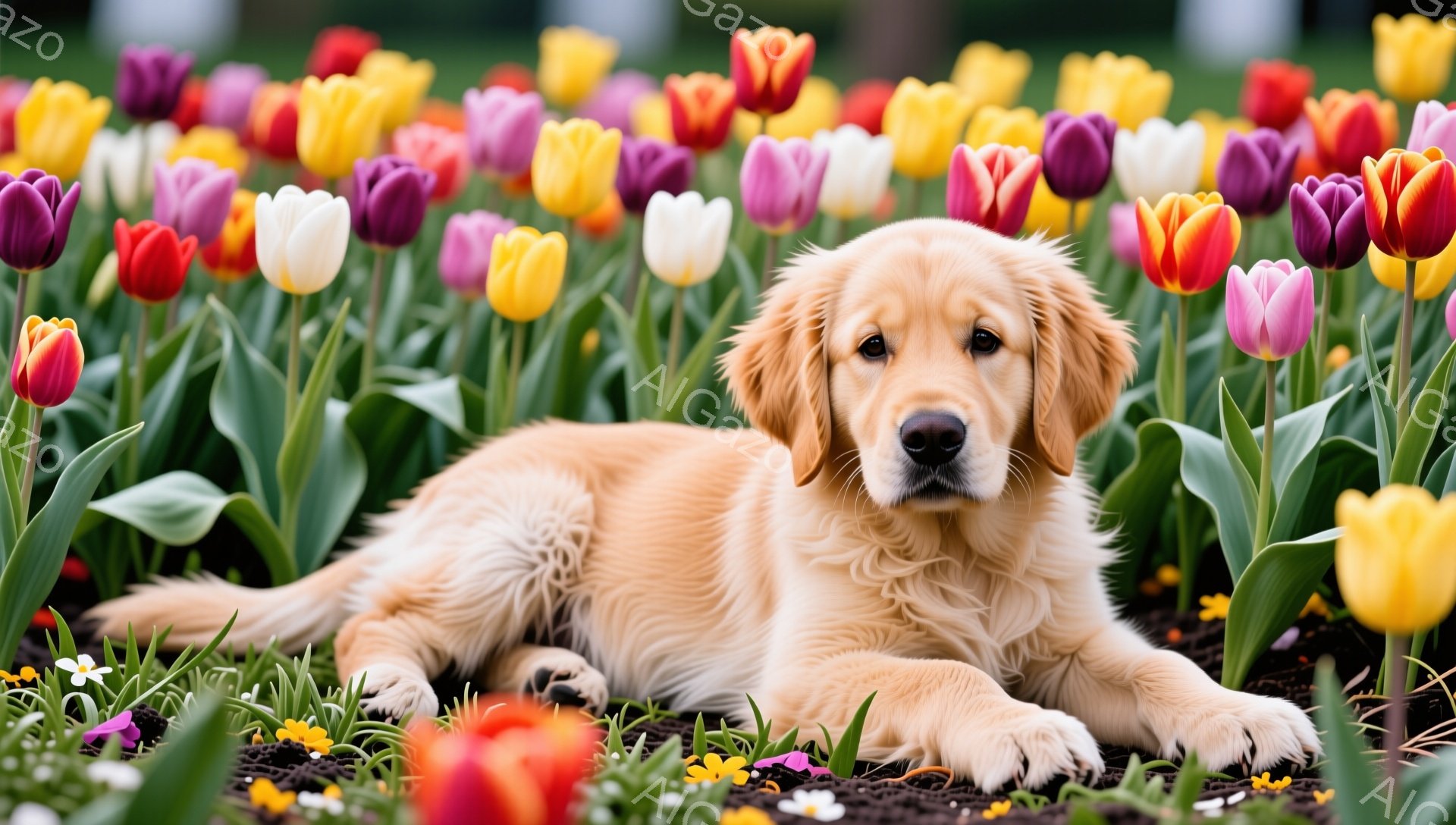 黄金色の毛並みのゴールデンレトリバーの子犬が、色とりどりのチューリップ畑の中に横たわっています。子犬はリラックスした様子で、穏やかな表情でこちらを見ています。春の陽気に満ちた、可愛らしい光景です。 - AI生成フリー素材