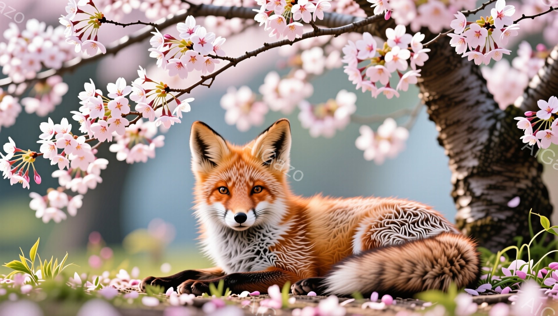 桜の木の下で、美しい毛並みの狐がリラックスして横たわっています。ピンク色の花びらが周囲に舞い、春の穏やかな雰囲気を醸し出しています。その表情は穏やかで、まるで春の訪れを心待ちにしているかのようです。 - AI生成フリー素材
