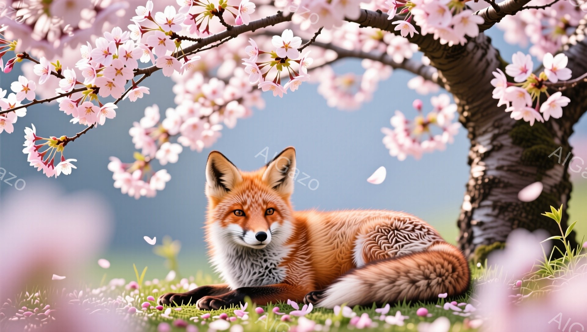 桜の木の下で、美しい毛並みのキツネが穏やかに横たわっています。 周りには桜の花びらが舞い、春の暖かく優しい雰囲気を醸し出しています。 草原と桜の背景がキツネのオレンジ色の毛並みと調和し、幻想的な光景を - AI生成フリー素材