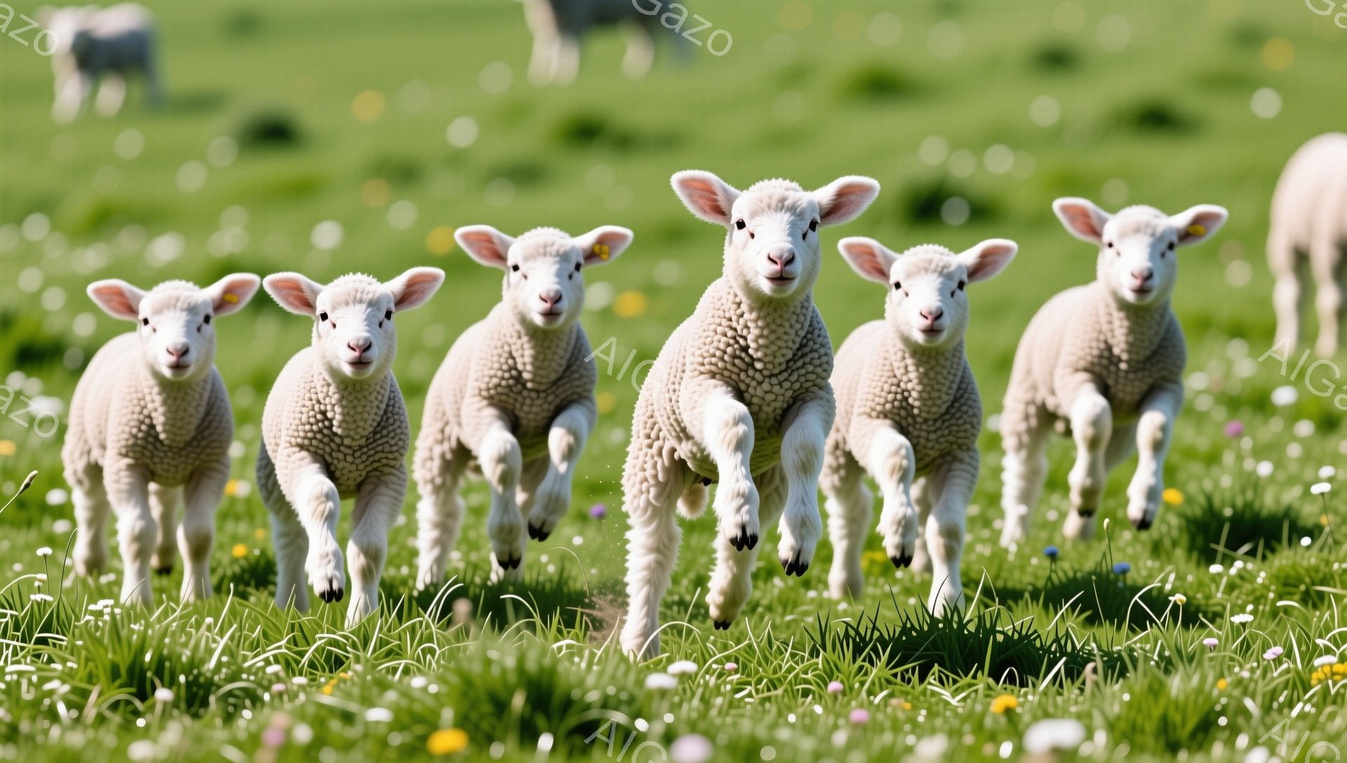 緑の草原を、幼い子羊たちが一列になって元気に駆け抜けている。子羊たちは白い毛並みで、好奇心旺盛な表情を浮かべている。背景には他の羊の姿も見え、穏やかで明るい牧歌的な風景が広がっている。 - AI生成フリー素材
