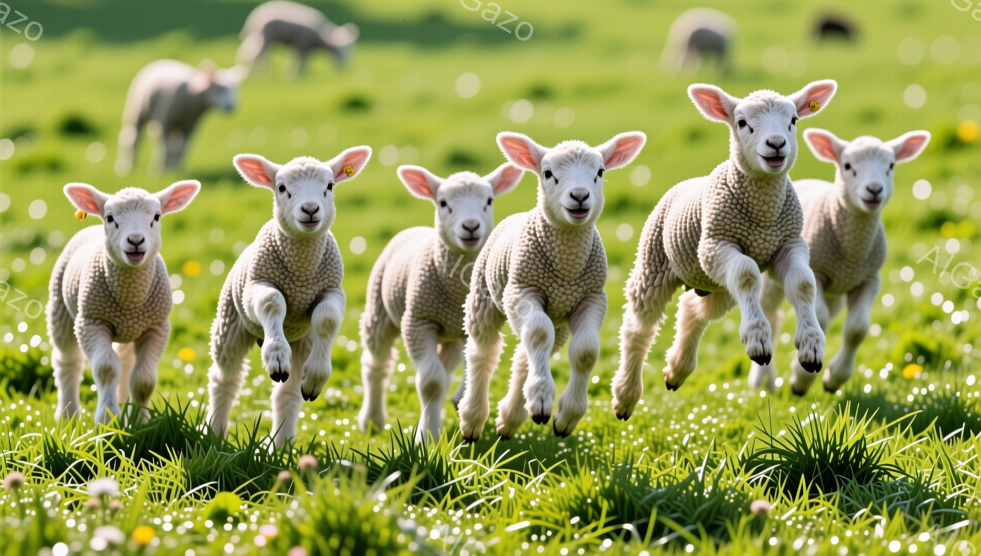 緑の草原を子羊たちが楽しそうに駆け抜けている様子が写っています。毛並みは白く、それぞれに黄色いタグが付いており、元気に前を見据えています。背景にはぼやけた他の羊や緑豊かな草地が広がり、春の穏やかな雰囲 - AI生成フリー素材