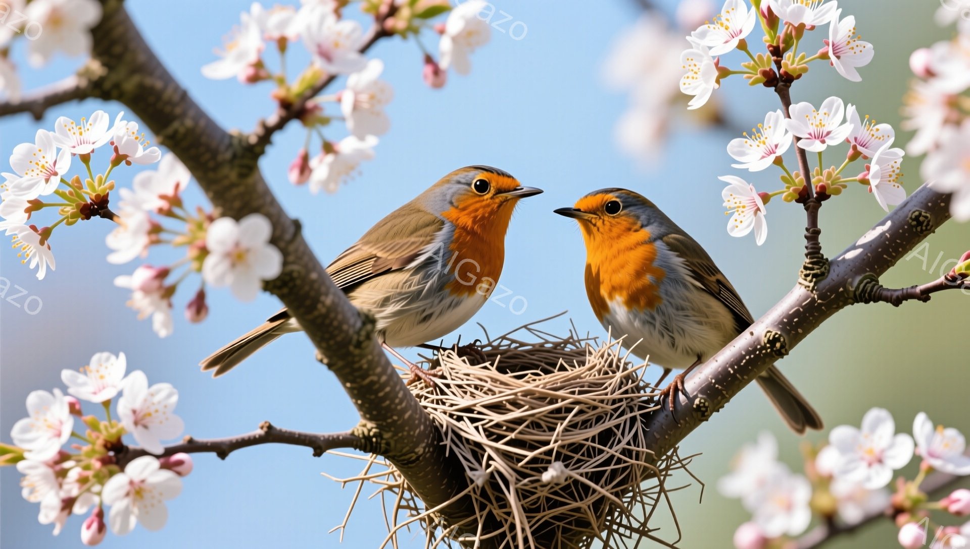 桜の枝に巣を作った二羽のヨーロッパコマドリが寄り添っている。ピンク色の花びらが背景を彩り、春の穏やかな雰囲気を醸し出している。コマドリの鮮やかな赤い胸が、緑の葉や花とのコントラストで際立っている。 - AI生成フリー素材