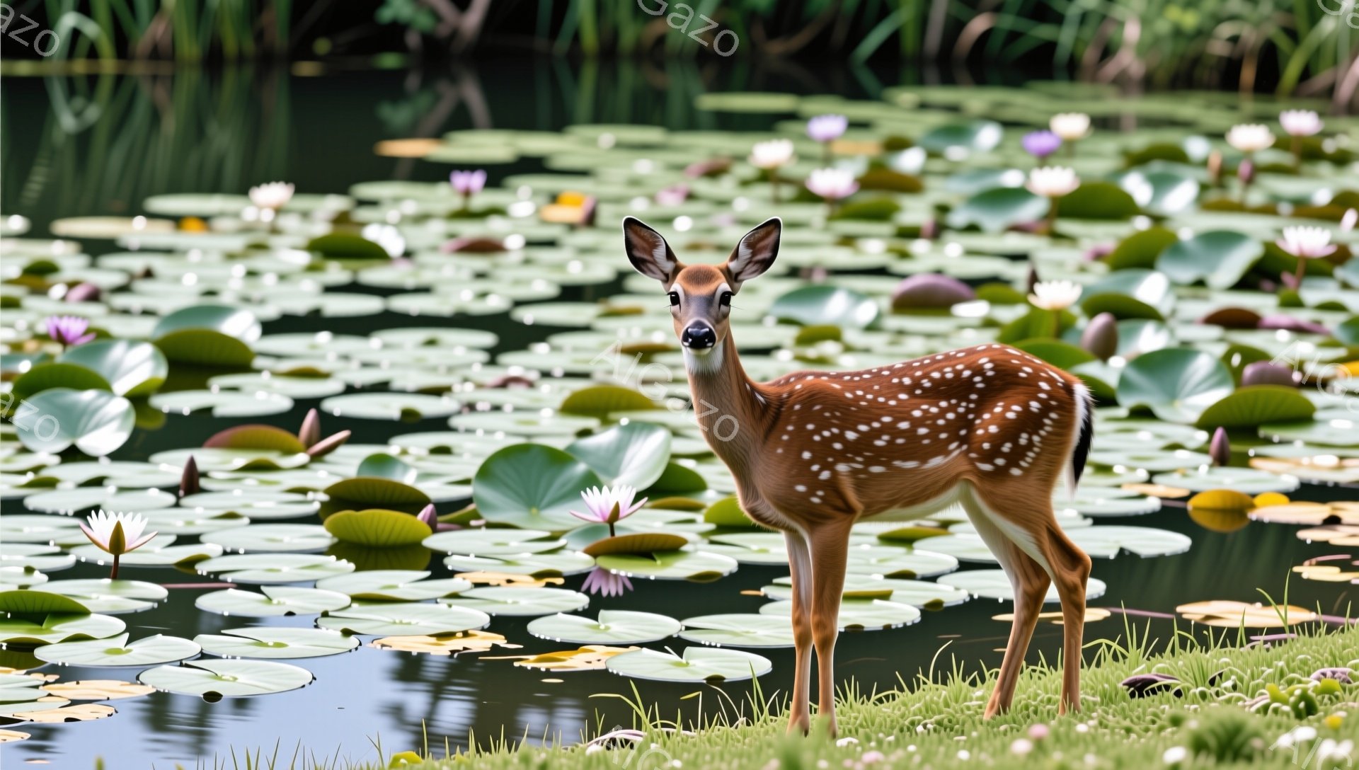 浅い池に睡蓮が浮かび、その岸辺に幼い鹿が立っている。鹿はまだ斑点模様があり、好奇心と警戒心を持って正面を見つめている。穏やかな光が差し込み、自然の静けさと生命の息吹を感じさせる。
