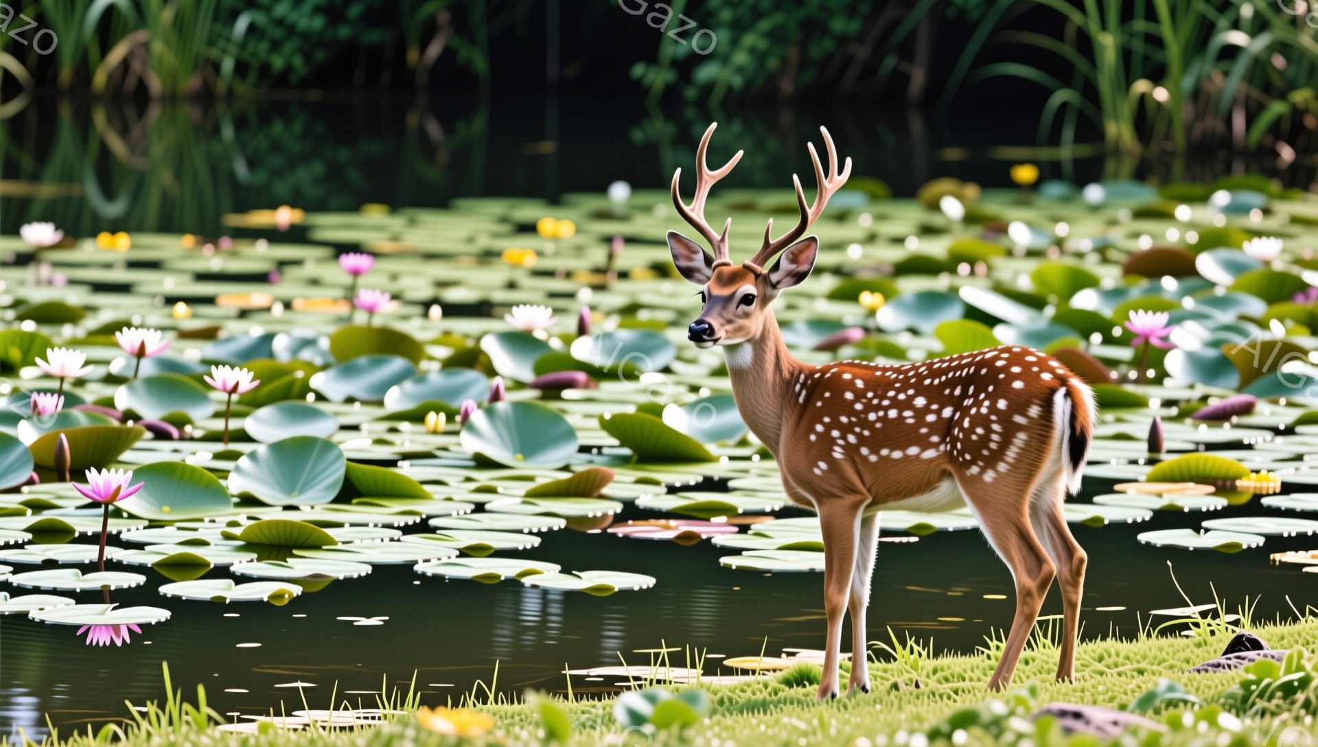 浅い池の中に蓮の花が咲き乱れ、その岸辺に一頭の若い雄鹿が立っている。鹿は斑点模様の毛並みで、凛々しい角を持っている。静かな池のほとりで、鹿は周囲を警戒するように見ている。