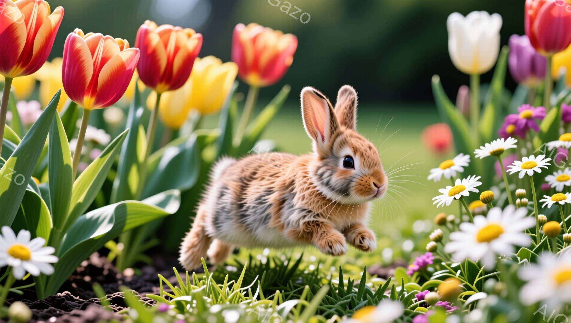 鮮やかな花畑を駆け抜ける可愛らしい茶色のウサギが写っています。 花は色とりどりで、背景は緑豊かで春の暖かい雰囲気が感じられます。 ウサギは活発で、自然の中で自由を満喫している様子です。 - AI生成フリー素材