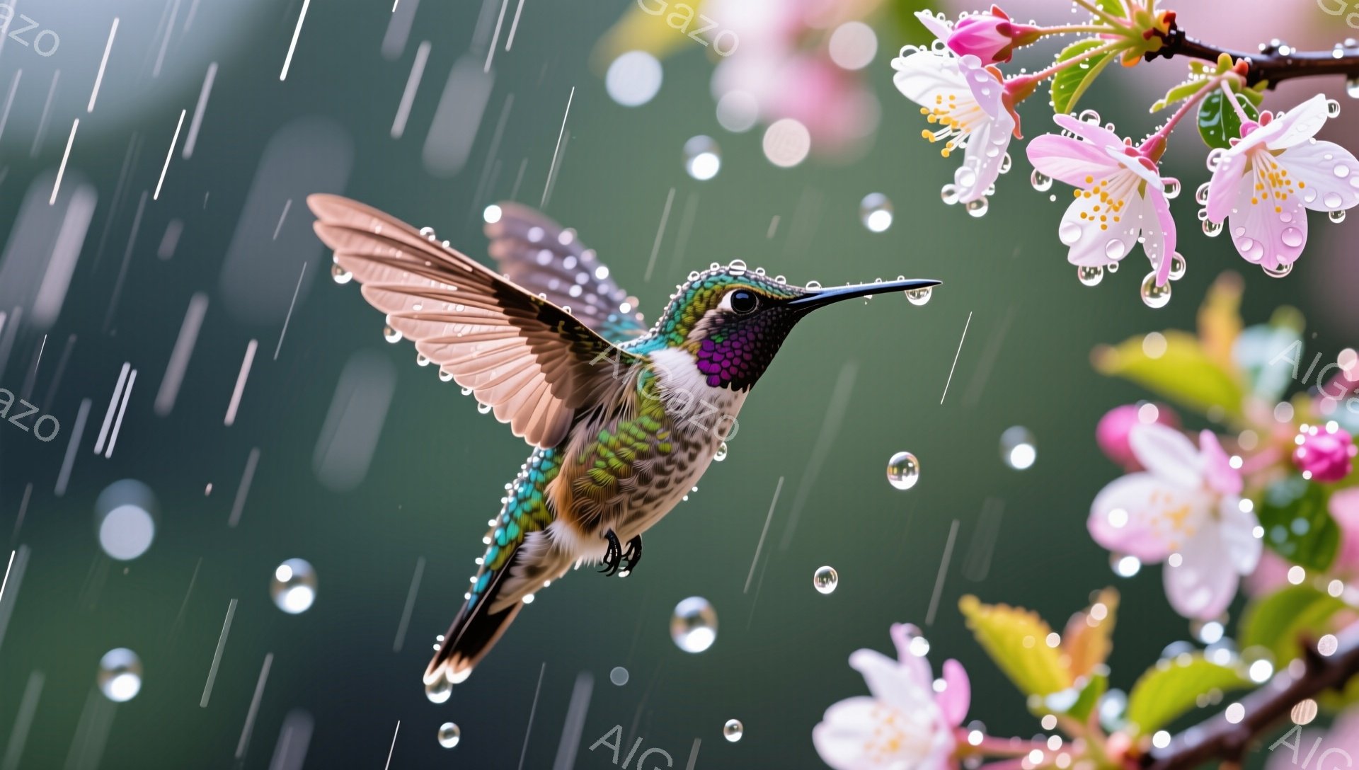 鮮やかな緑と紫色のハチドリが、雨粒の中で翼を羽ばたいている。背景には、雨に濡れた桜の花が咲き乱れ、幻想的な雰囲気を醸し出している。雨の滴が、ハチドリと桜の花を美しく照らし出し、自然の神秘を表現している - AI生成フリー素材