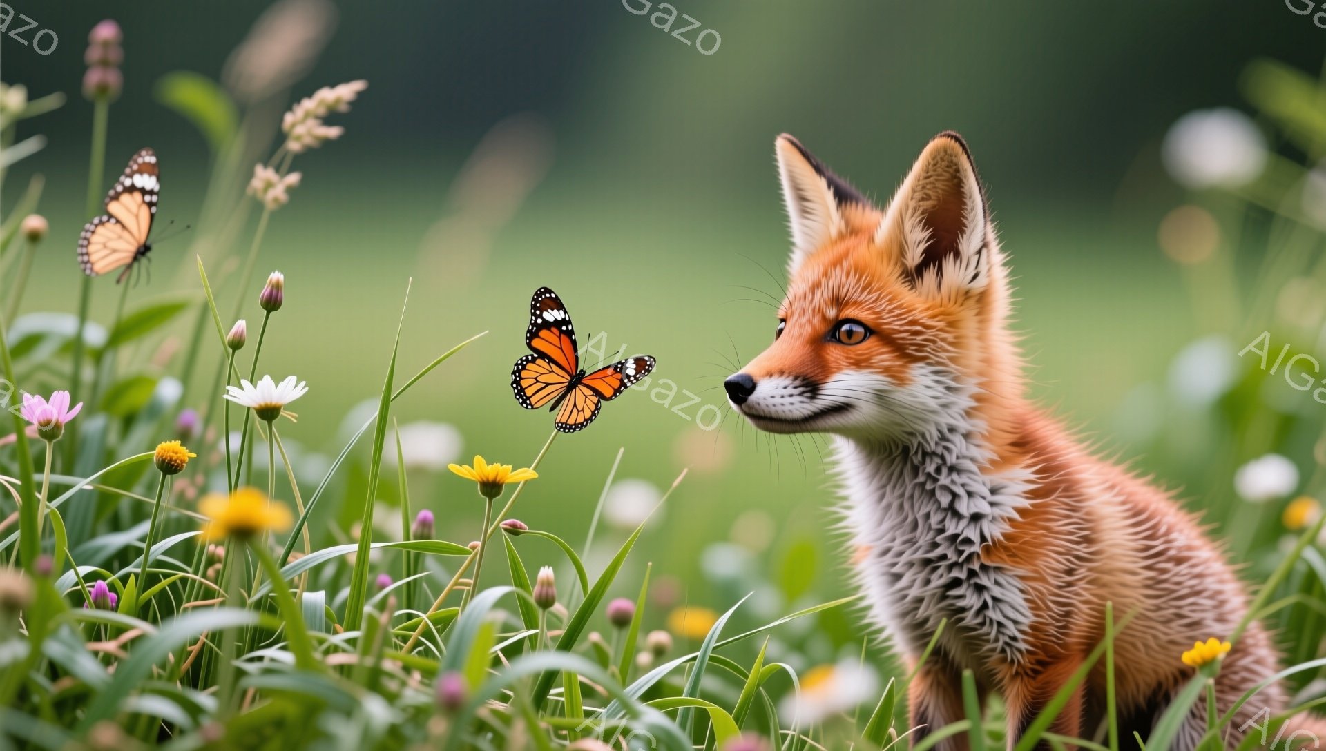 草原の中にいるキツネが、飛んでいる蝶を見つめています。緑豊かな草と様々な野花が咲き乱れ、穏やかで暖かい雰囲気です。キツネの毛並みは美しく、その表情は好奇心に満ちています。