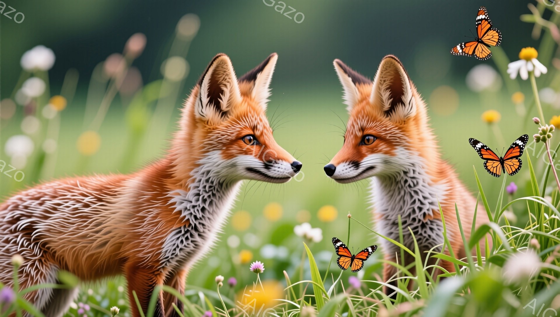 鮮やかな緑の草地の間に、2匹のキツネが互いに鼻先を合わせている。周囲には様々な野の花が咲き乱れ、蝶が舞っている様子が春らしい穏やかな雰囲気を醸し出している。 キツネたちは警戒心と好奇心が入り混じった表情で、静かに何かを共有しているようだ。