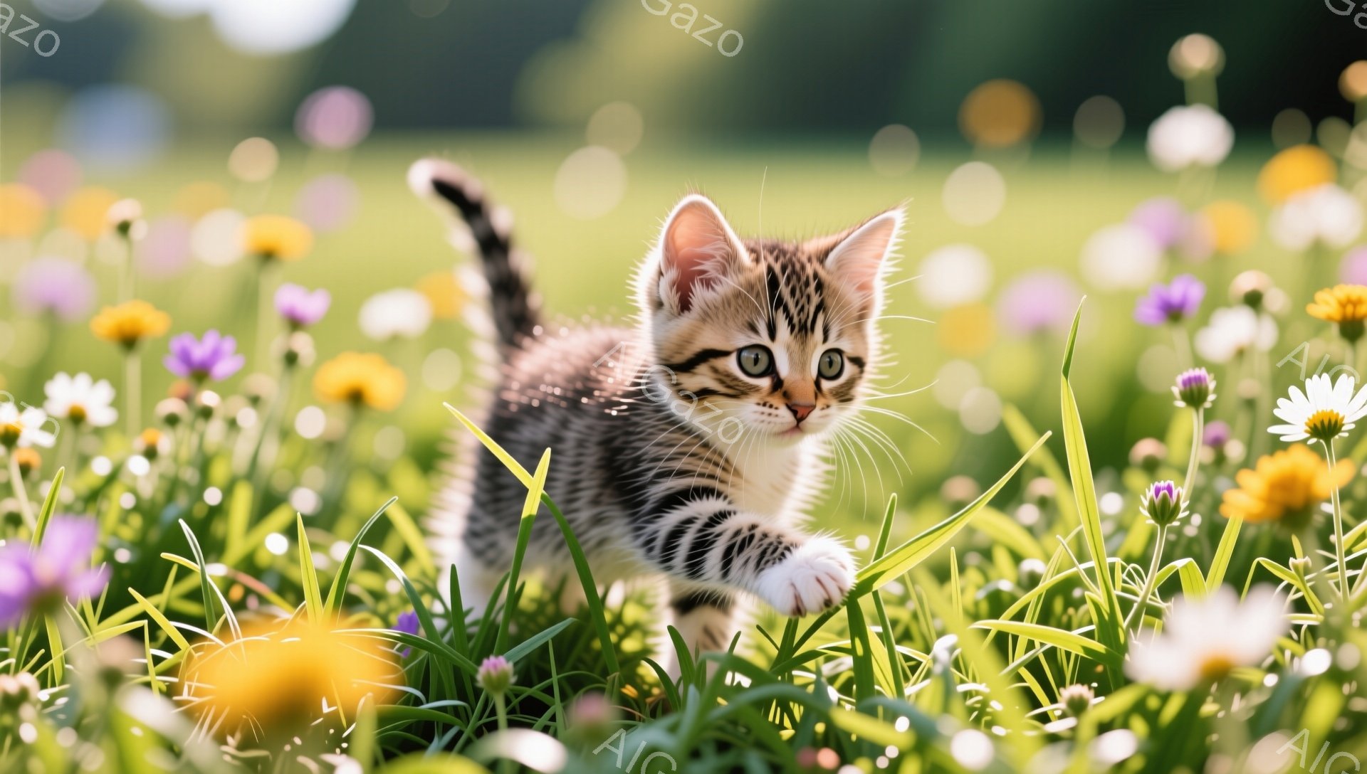 鮮やかな野花が咲き乱れる草原の中、子猫が遊び心いっぱいに駆け抜けています。その毛並みは白と茶色の美しい模様で、大きな瞳が好奇心で輝いています。背景は緑豊かで、柔らかい光が降り注ぎ、暖かく穏やかな雰囲気 - AI生成フリー素材